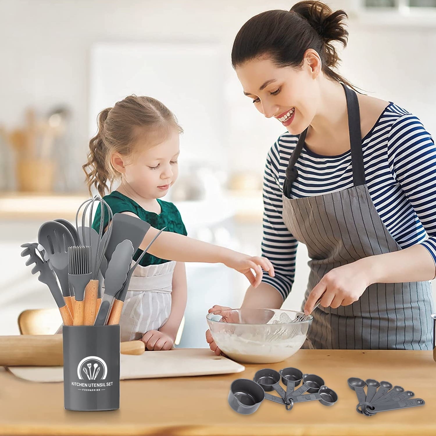 Non-Stick Safe Silicone Cooking Utensils Set, 446°F Heat Resistant Wooden Handle Cooking Kitchen Utensils Spatula Set with Holder fo... - Durable Turner & Ladle Utensil Set for Home Chefs Detail