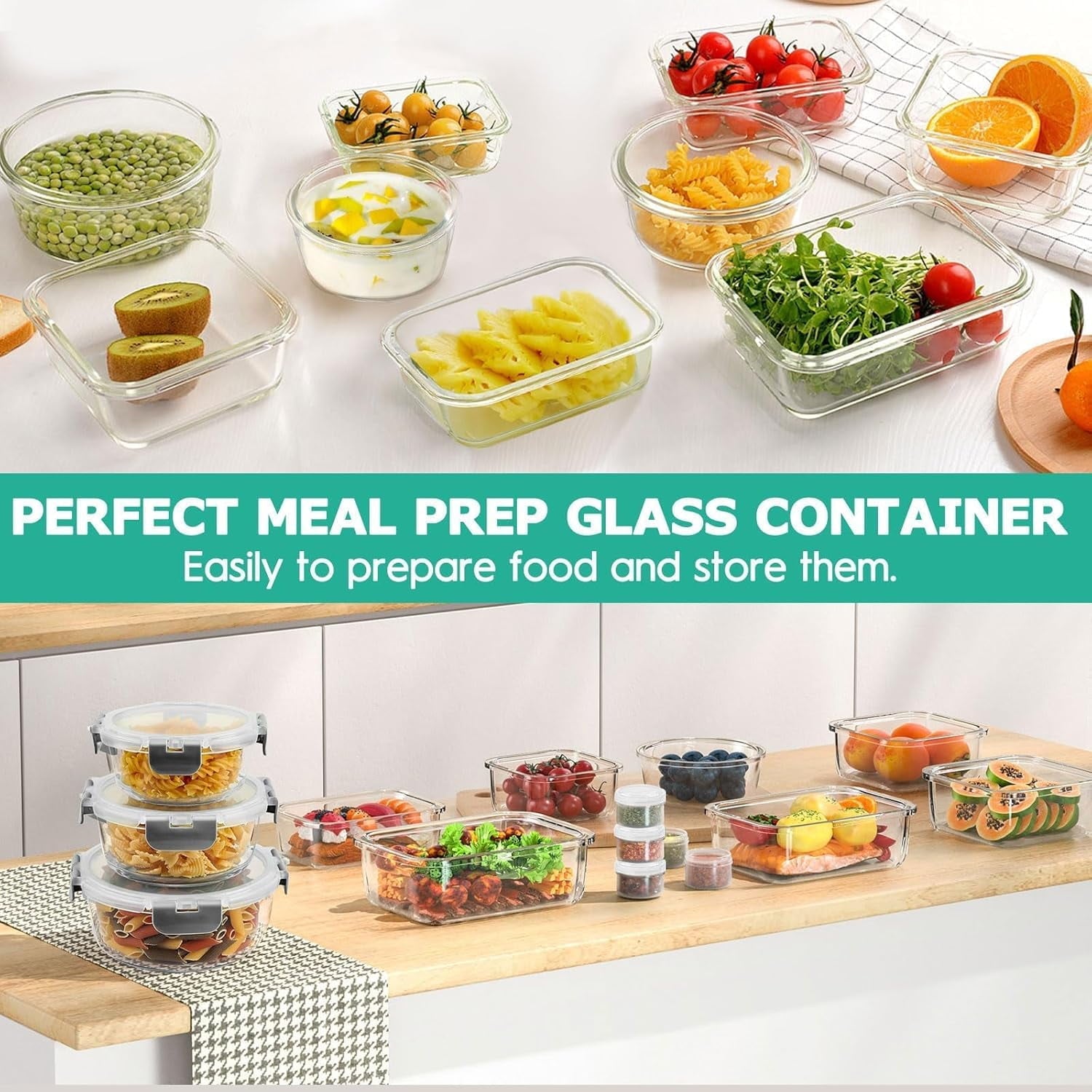 Deliciously Squishy 34pcs Glass Food Storage Containers with Lids Set, Airtight Meal Prep Containers (17 Containers & 17 Lids), Grey - Fun Food Fidget Cookie Squishable Toy Detail