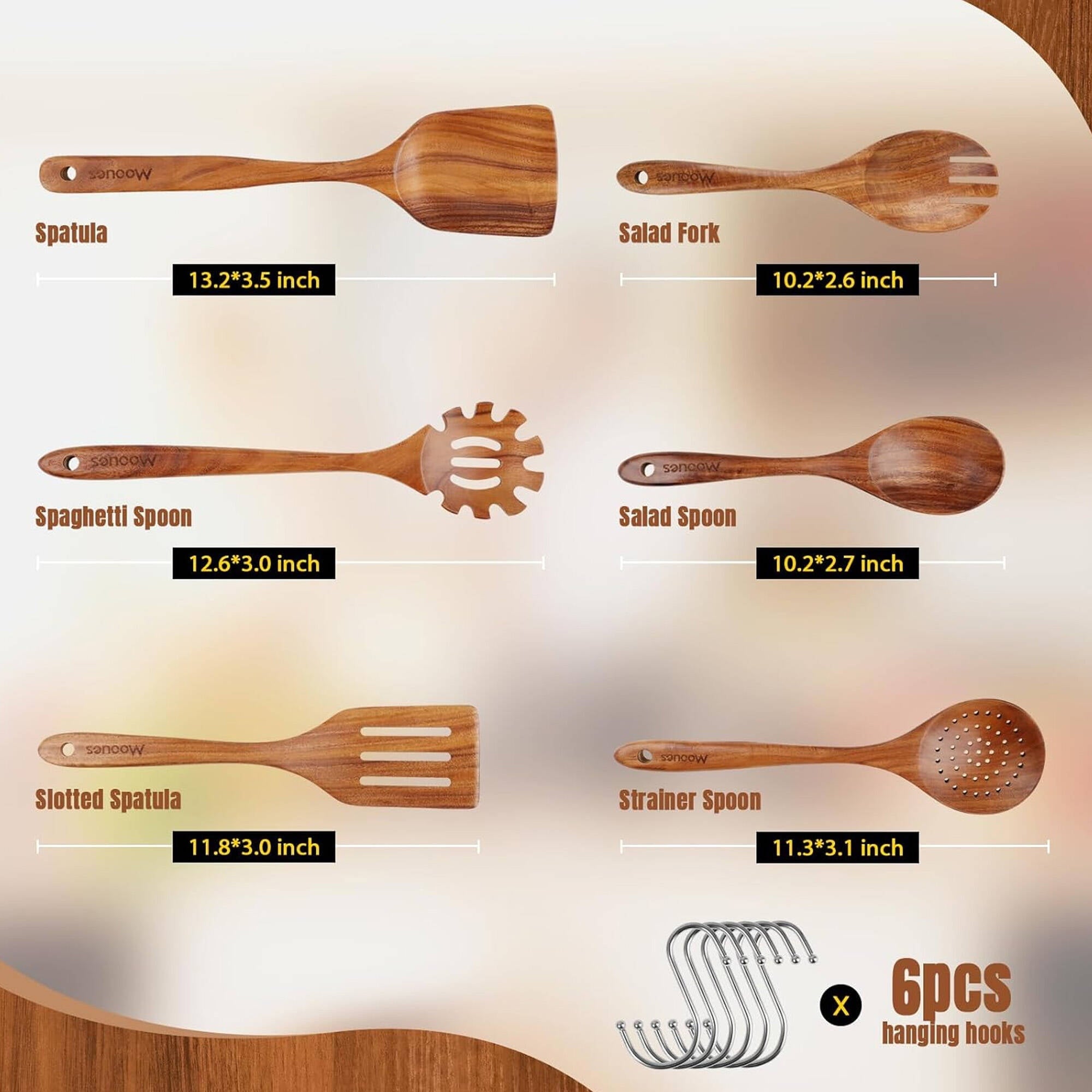 Seamless One-Piece 6-Piece Natural Teak Wooden Spoons for Cooking With 10 Hooks，Handcrafted Kitchen Utensils Set ，Ideal Gift Set - Durable Turner & Ladle Utensil Set for Home Chefs Detail