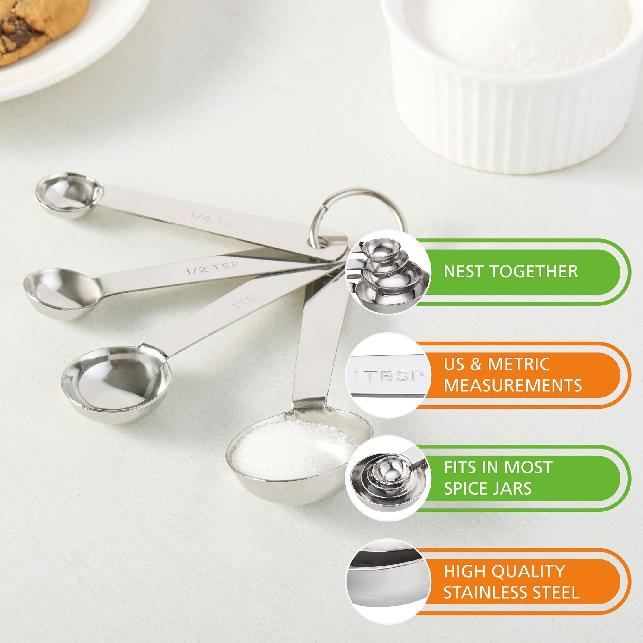 Time-Saving Kitchen Stainless Steel 4-Piece Nesting Measuring Spoons Set, Stainless Steel Finish - Multi-Functional Manual Food Chopper & Slicer Detail