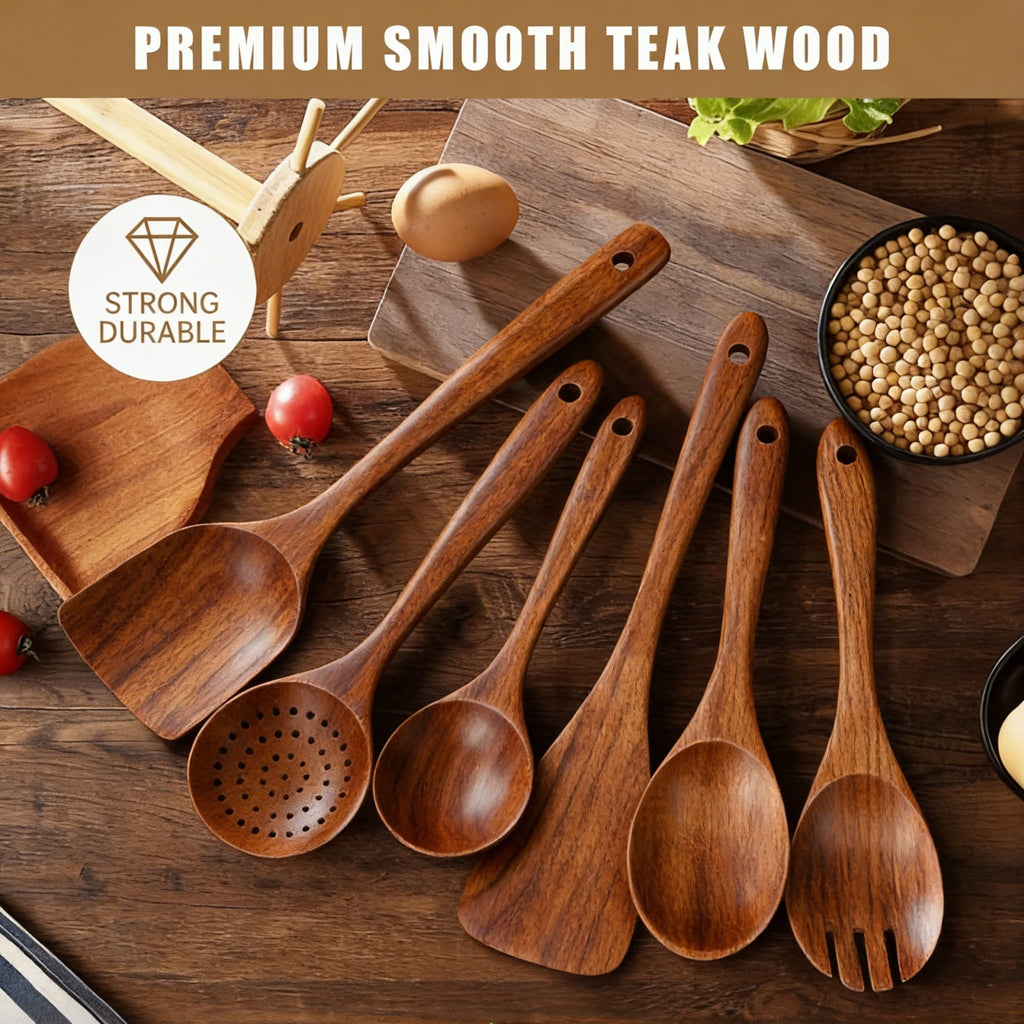 Seamless One-Piece Wooden Spoons for Cooking, 6 PCS Teak Wood Cooking Utensil Set, Wooden Kitchen Utensils for Nonstick Pans & Cookware,... - Ergonomic Kitchen Tongs and Cooking Spoon Utensil Detail