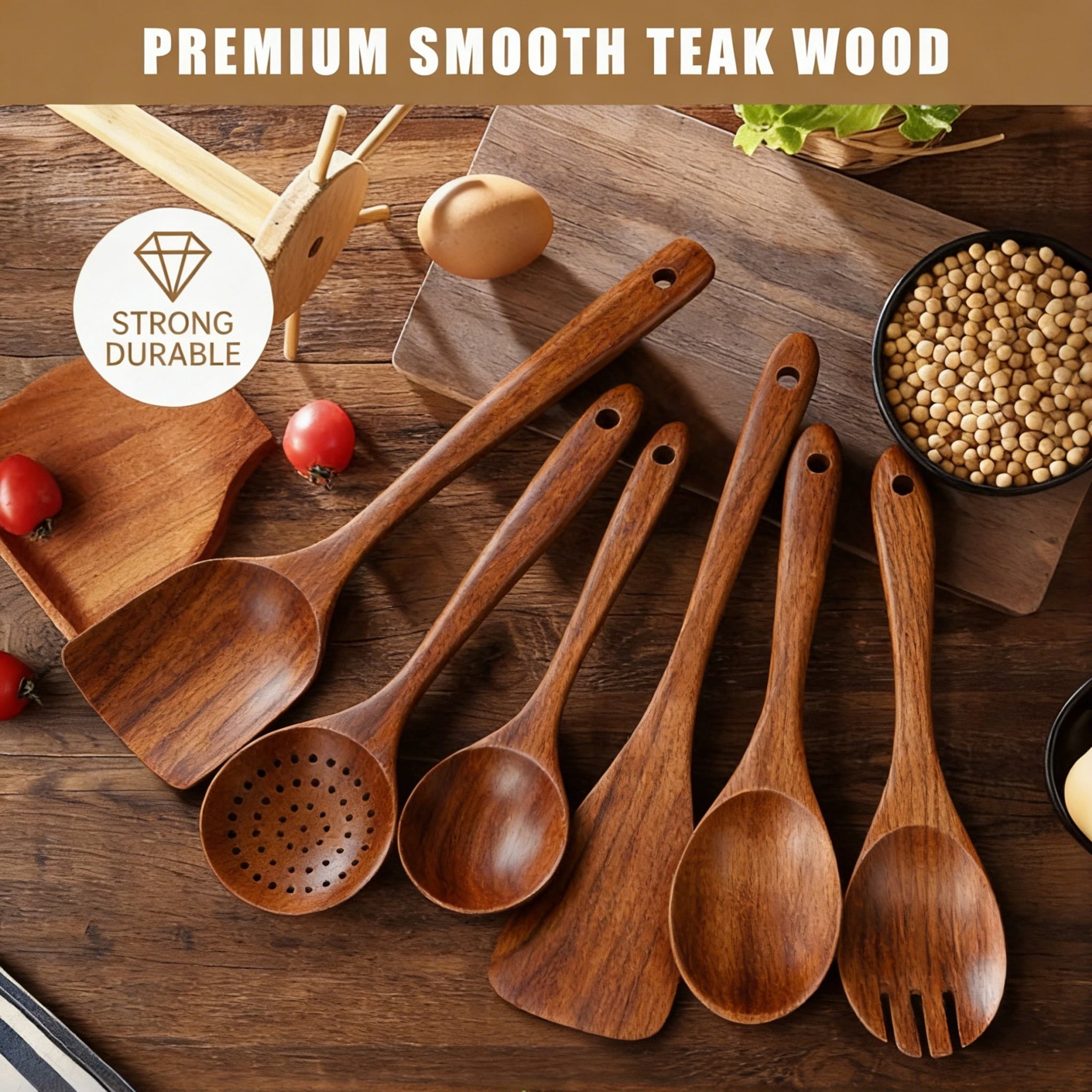 Seamless One-Piece Wooden Spoons for Cooking, 6 PCS Teak Wood Cooking Utensil Set, Wooden Kitchen Utensils for Nonstick Pans & Cookware,... - Ergonomic Kitchen Tongs and Cooking Spoon Utensil Detail
