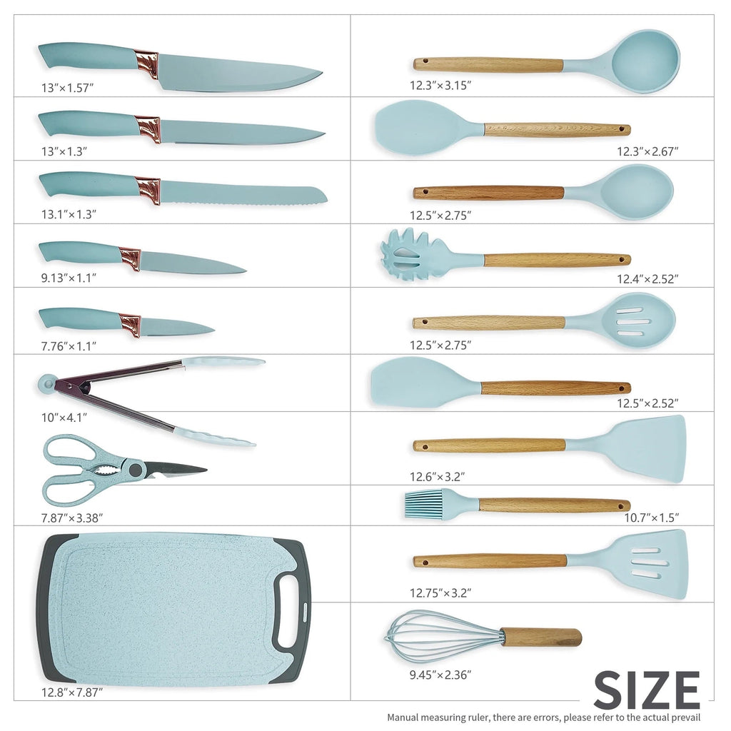 Ergonomic Cooking Silicone Kitchen Cooking Utensils Set, 19 Pieces Utensil with Holder, Heat Resistant, Green - Ergonomic Kitchen Tongs and Cooking Spoon Utensil Detail