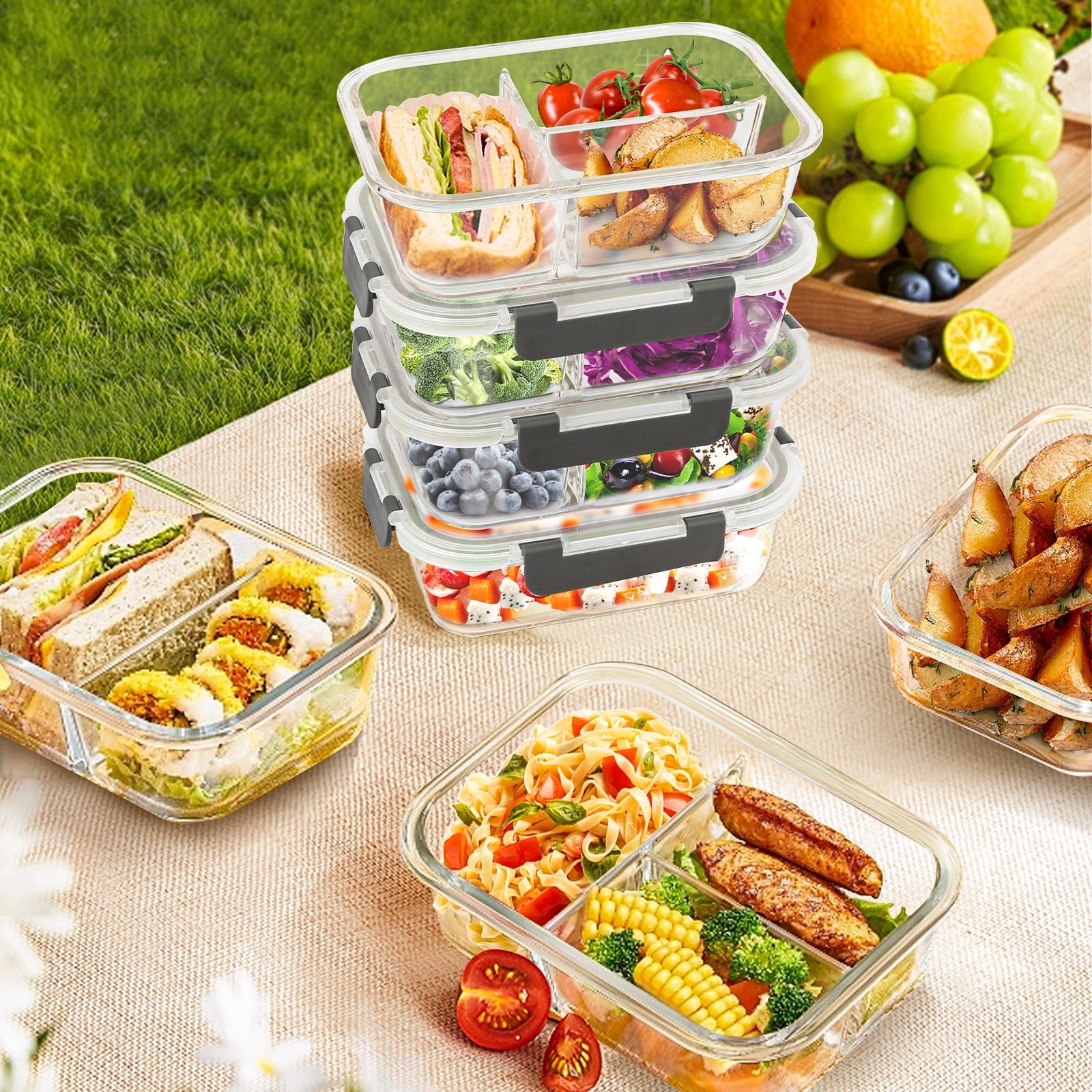 Whimsical Doughnut 8 Pcs Glass Food Storage Containers with Lids, 2 & 3 Compartment Glass Airtight Meal Prep Containers (4 Containers & ... - Fun Food Fidget Cookie Squishable Toy Detail
