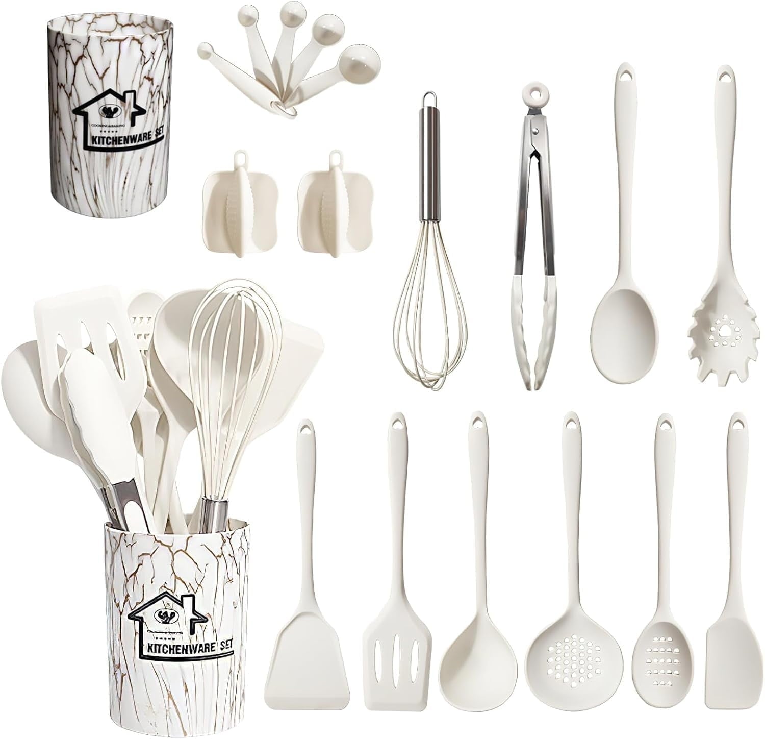 Non-Stick Safe Silicone Cooking Utensils Set - 446°F Heat Resistant Kitchen Utensils,Turner Tongs,Spatula,Spoon,Brush,Whisk,Kitchen ... - Durable Turner & Ladle Utensil Set for Home Chefs - Default Title