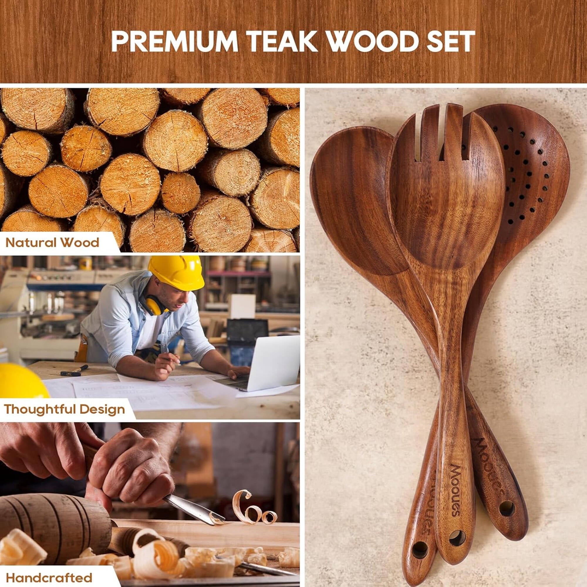 Seamless One-Piece 6-Piece Natural Teak Wooden Spoons for Cooking With 10 Hooks，Handcrafted Kitchen Utensils Set ，Ideal Gift Set - Durable Turner & Ladle Utensil Set for Home Chefs Detail