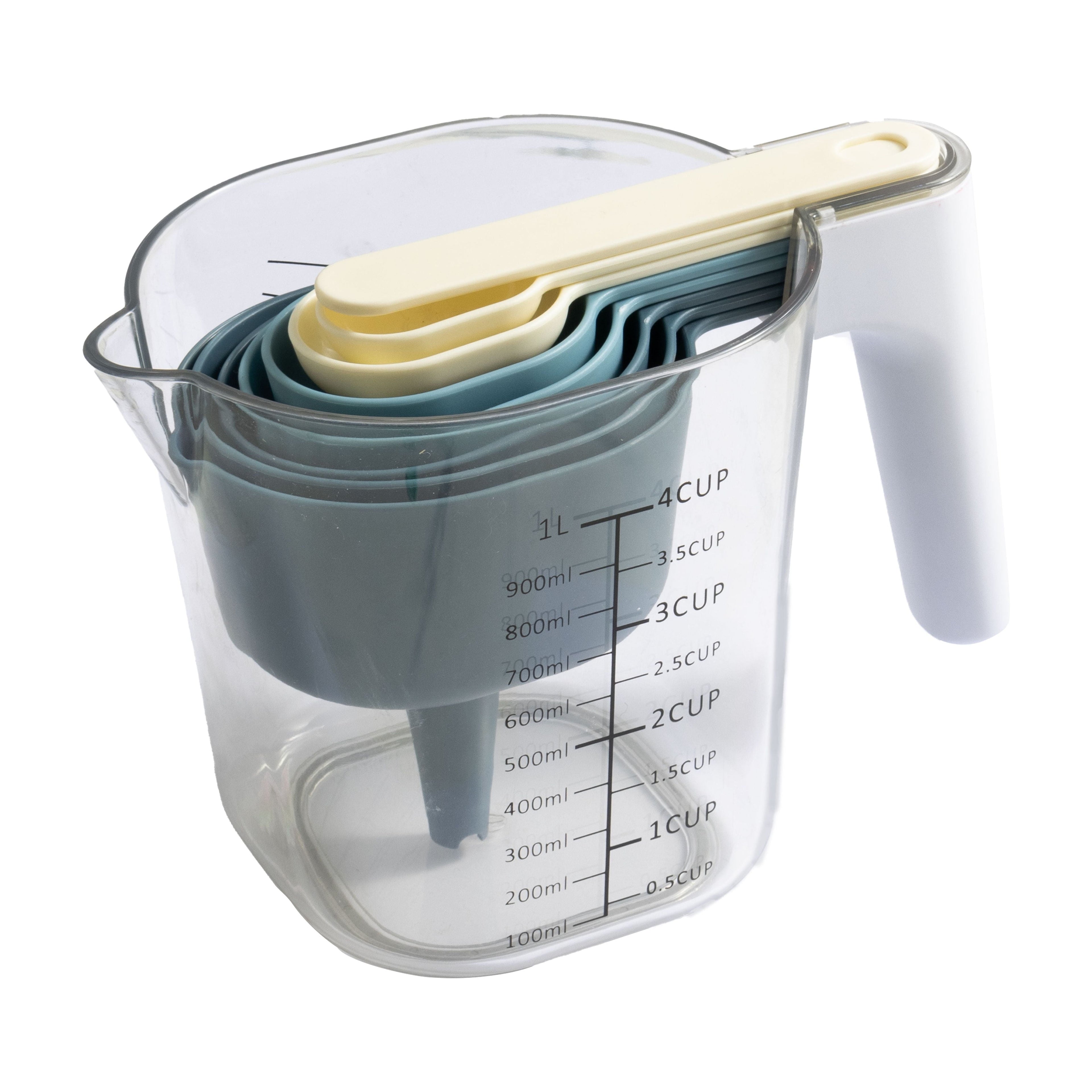 Ergonomic Manual 9-Piece Stackable Measuring Set Kitchen Tools for Cooking, 7.48" L, Blue - Premium Stainless Steel Garlic Presser & Peeler Detail