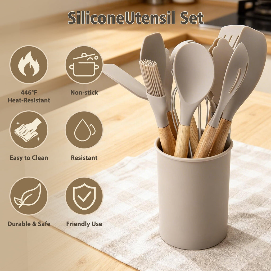 Heat-Resistant Silicone Cooking Utensils Set, Heat Resistant Kitchen Tools, 36 PCS Non-Stick Silicone Cooking Kitchen Utensils, Khaki - Heat-Resistant Silicone Cooking Spatula Turner Detail