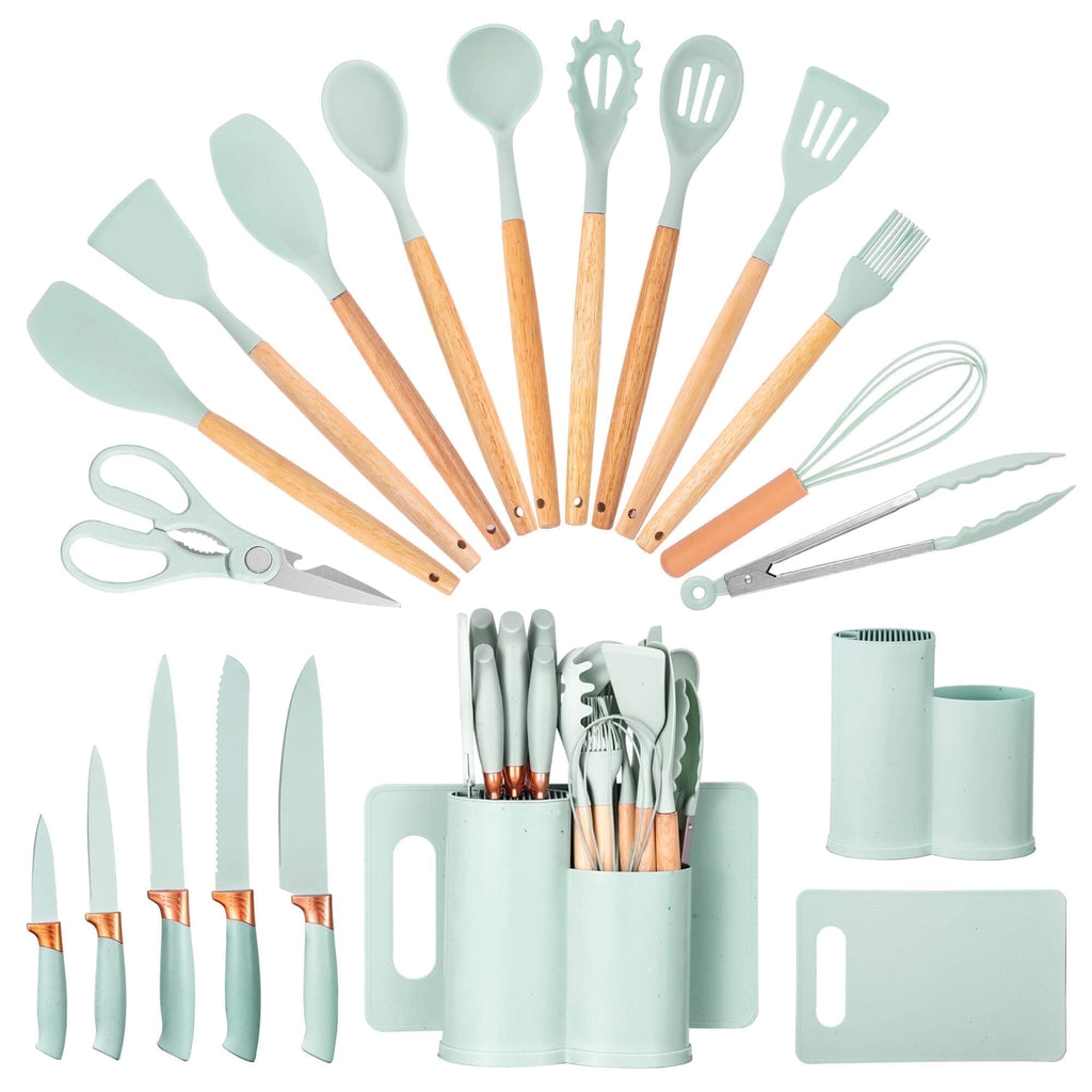 Chef-Quality 19pcs Silicone Kitchen Utensil Set, Heat-Resistant Non-Stick Easy Cooking Cleaning Home Light-Green - High-Precision Culinary Tool for Baking & Cooking - Default Title