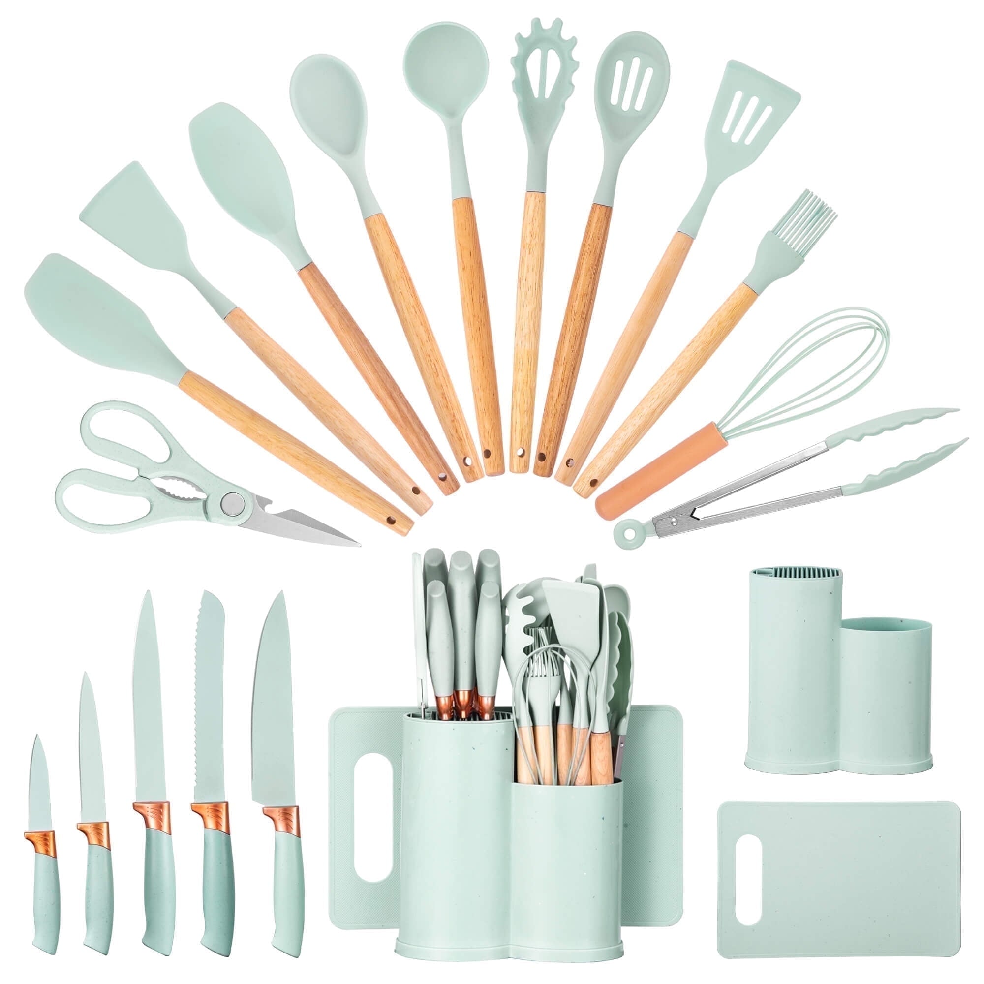 Chef-Quality 19pcs Silicone Kitchen Utensil Set, Heat-Resistant Non-Stick Easy Cooking Cleaning Home Light-Green - High-Precision Culinary Tool for Baking & Cooking - Default Title
