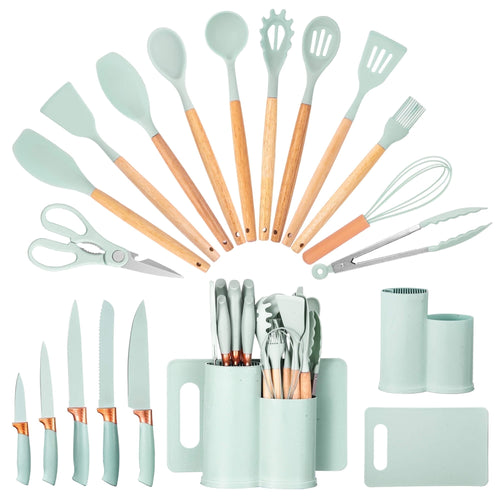 Chef-Quality 19pcs Silicone Kitchen Utensil Set, Heat-Resistant Non-Stick Easy Cooking Cleaning Home Light-Green - High-Precision Culinary Tool for Baking & Cooking - Default Title