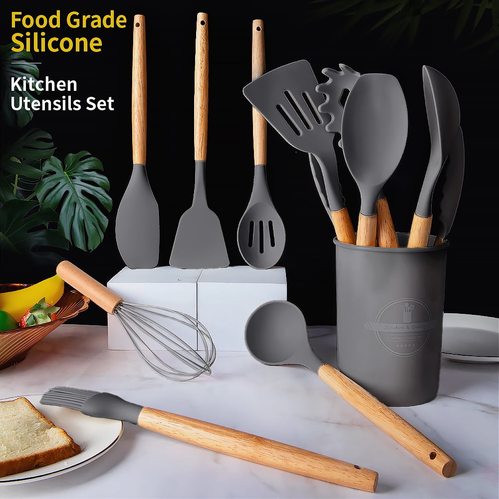 Seamless One-Piece Silicone Wooden Heat Resistant Kitchen Utensil Set, 12 pcs - Premium Stainless Steel Cooking Utensil for Non-Stick Pots Detail