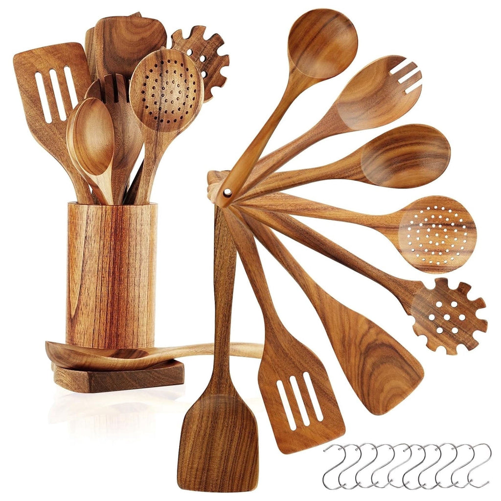 Heat-Resistant 10Pcs Wooden Spoons for Cooking, Smooth Finish Teak Wooden Utensils for Cooking, Soft Comfort-Grip Wood Spoons for Co... - Ergonomic Kitchen Tongs and Cooking Spoon Utensil - Default Title