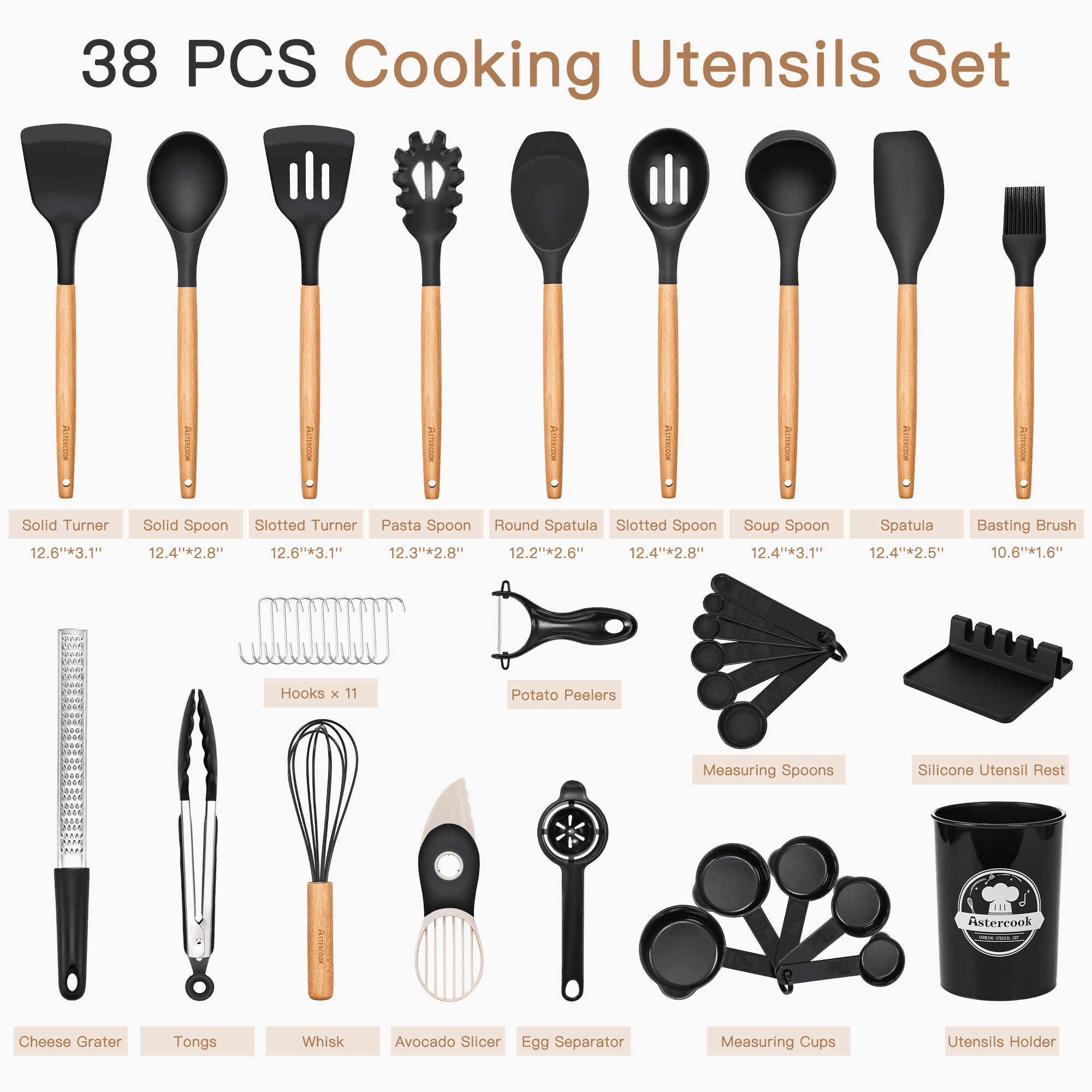 Premium Silicone Silicone Cooking Utensils Set, 38 PCS Kitchen Utensils Set for 446°F Heat Resistant, Food Grade Utensil Sets with Woo... - Premium Stainless Steel Cooking Utensil for Non-Stick Pots Detail