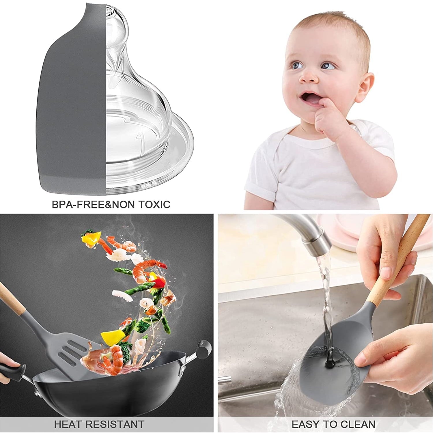 Non-Stick Safe Silicone Cooking Utensils Set, 446°F Heat Resistant Wooden Handle Cooking Kitchen Utensils Spatula Set with Holder fo... - Durable Turner & Ladle Utensil Set for Home Chefs Detail