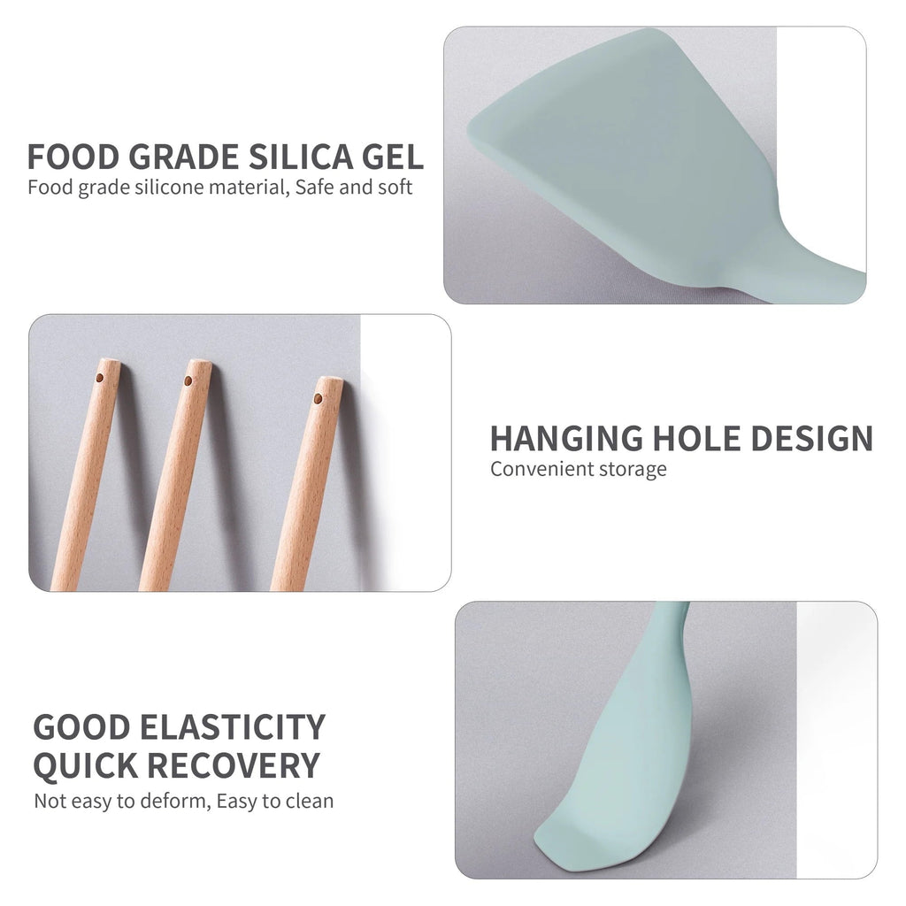 Ergonomic Cooking Silicone Kitchen Cooking Utensils Set, 19 Pieces Utensil with Holder, Heat Resistant, Green - Ergonomic Kitchen Tongs and Cooking Spoon Utensil Detail
