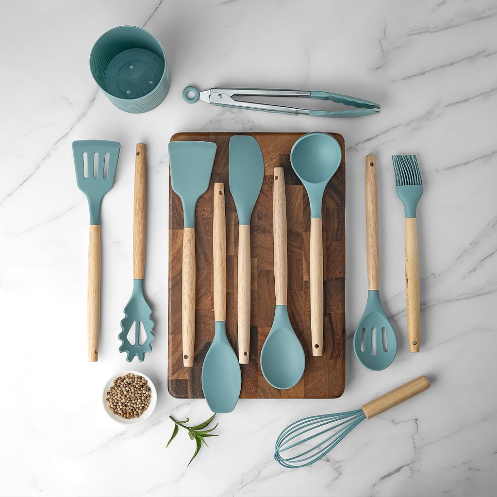 Seamless One-Piece Small Silicone Cooking Utensils with Holder Set (12Pack), Aqua Kitchen Tools with Wooden Handle for Nonstick... - Durable Turner & Ladle Utensil Set for Home Chefs Detail