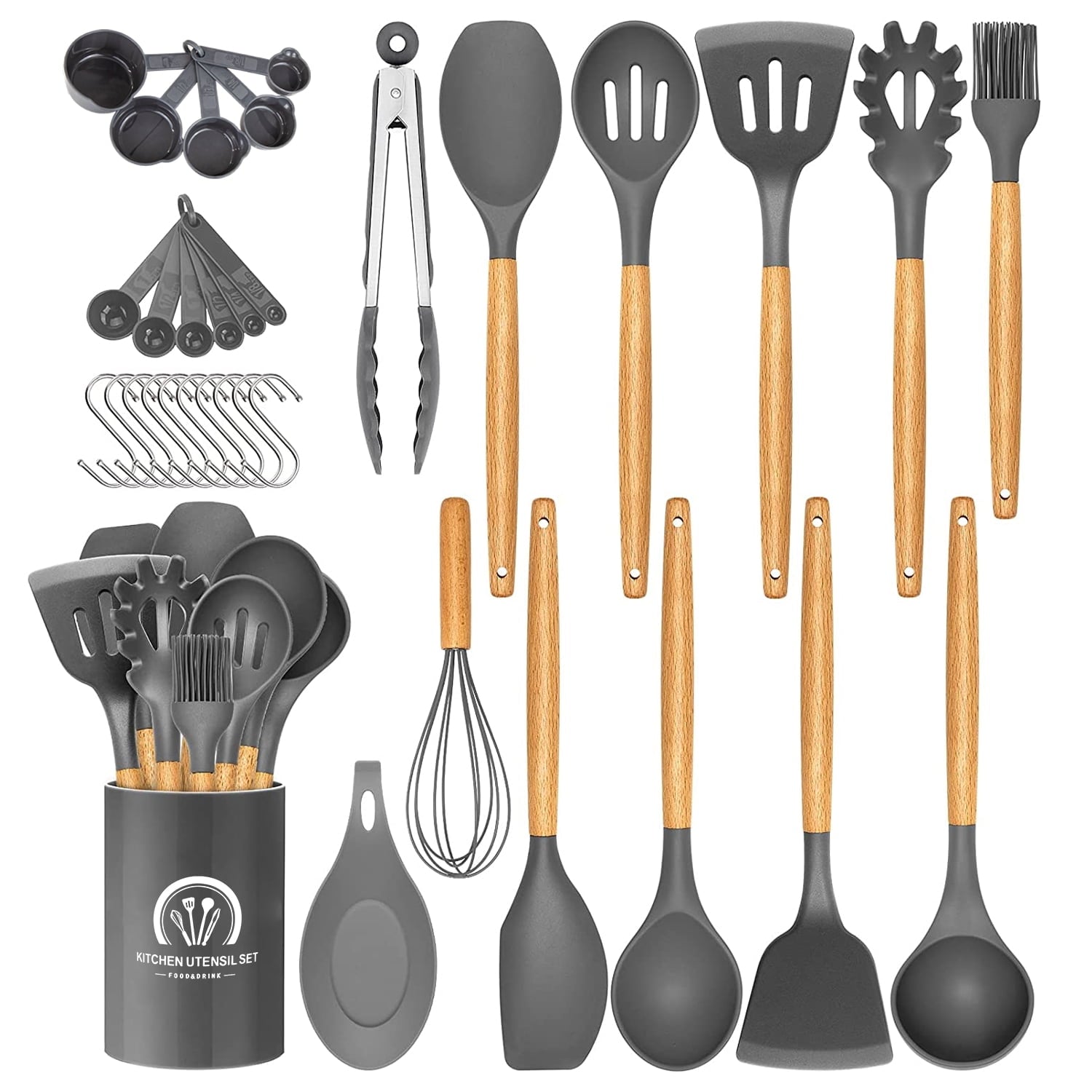 Non-Stick Safe Silicone Cooking Utensils Set, 446°F Heat Resistant Wooden Handle Cooking Kitchen Utensils Spatula Set with Holder fo... - Durable Turner & Ladle Utensil Set for Home Chefs - Default Title
