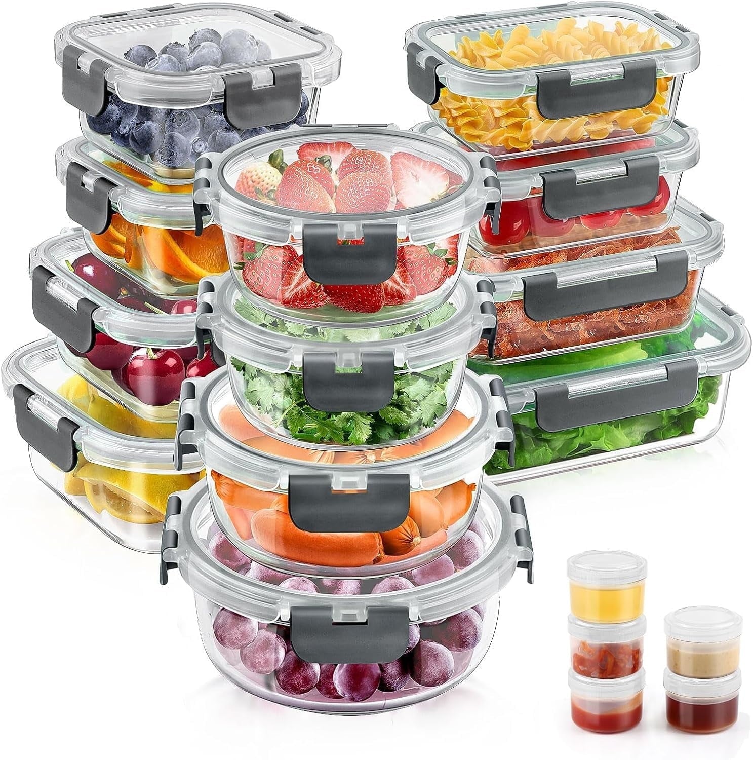 Deliciously Squishy 34pcs Glass Food Storage Containers with Lids Set, Airtight Meal Prep Containers (17 Containers & 17 Lids), Grey - Fun Food Fidget Cookie Squishable Toy - Default Title