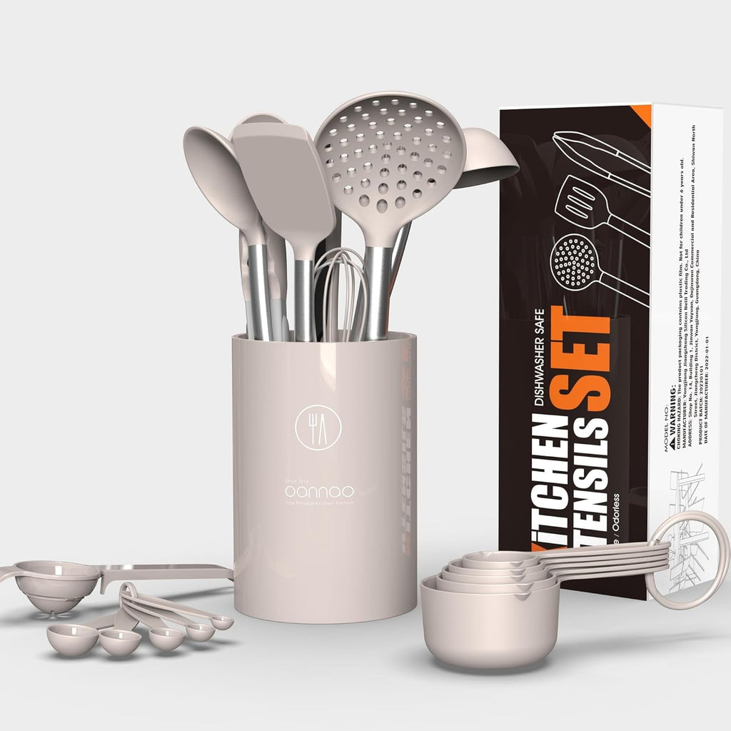 Ergonomic Cooking Large Silicone Cooking Utensils Set - Heat Resistant Kitchen Utensils,Turner Tongs,Spatula,Spoon,Brush,Whisk,Stainles... - Durable Turner & Ladle Utensil Set for Home Chefs Detail