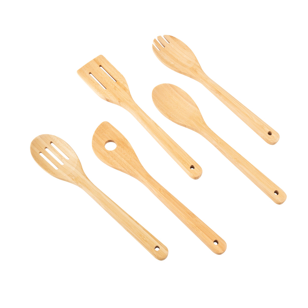 Ergonomic Cooking 5pk Bamboo Spoons for Cooking, Kitchen Essential Tools Set - Premium Stainless Steel Cooking Utensil for Non-Stick Pots Detail