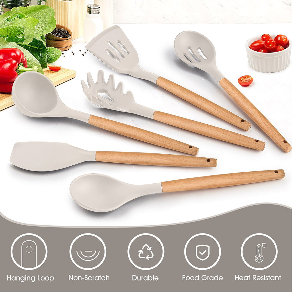 Premium Silicone Kitchen Utensils Set of 6, Silicone Cooking Utensils with Wooden Handle, Non-Stick Cookware & Heat Resistant, Include... - Heat-Resistant Silicone Cooking Spatula Turner Detail