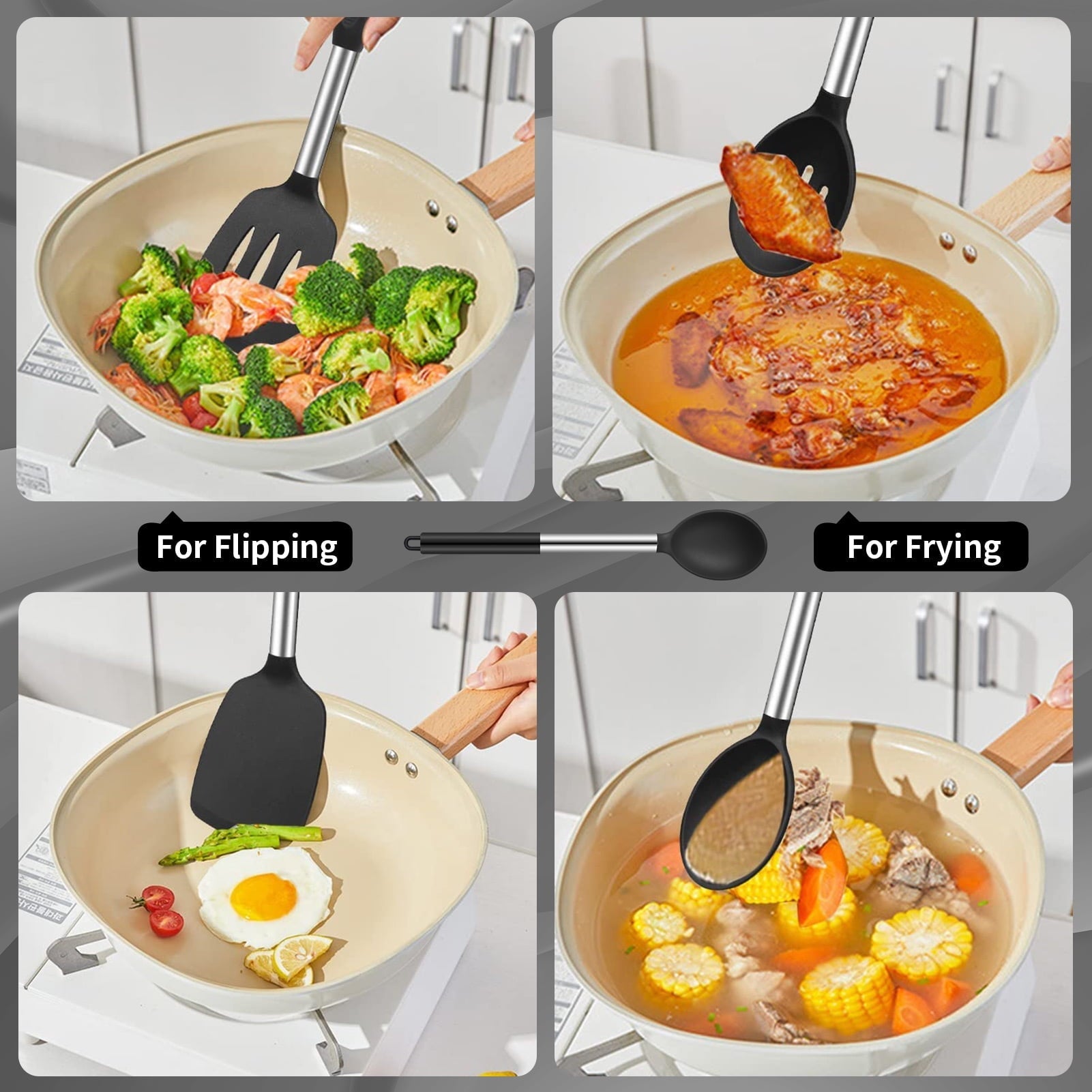 Seamless One-Piece Silicone Cooking Spatulas and Spoons, 4 Pack Heat Resistant Silicone Cooking Utensils Set, Non-stick Large Ki... - Premium Stainless Steel Cooking Utensil for Non-Stick Pots Detail