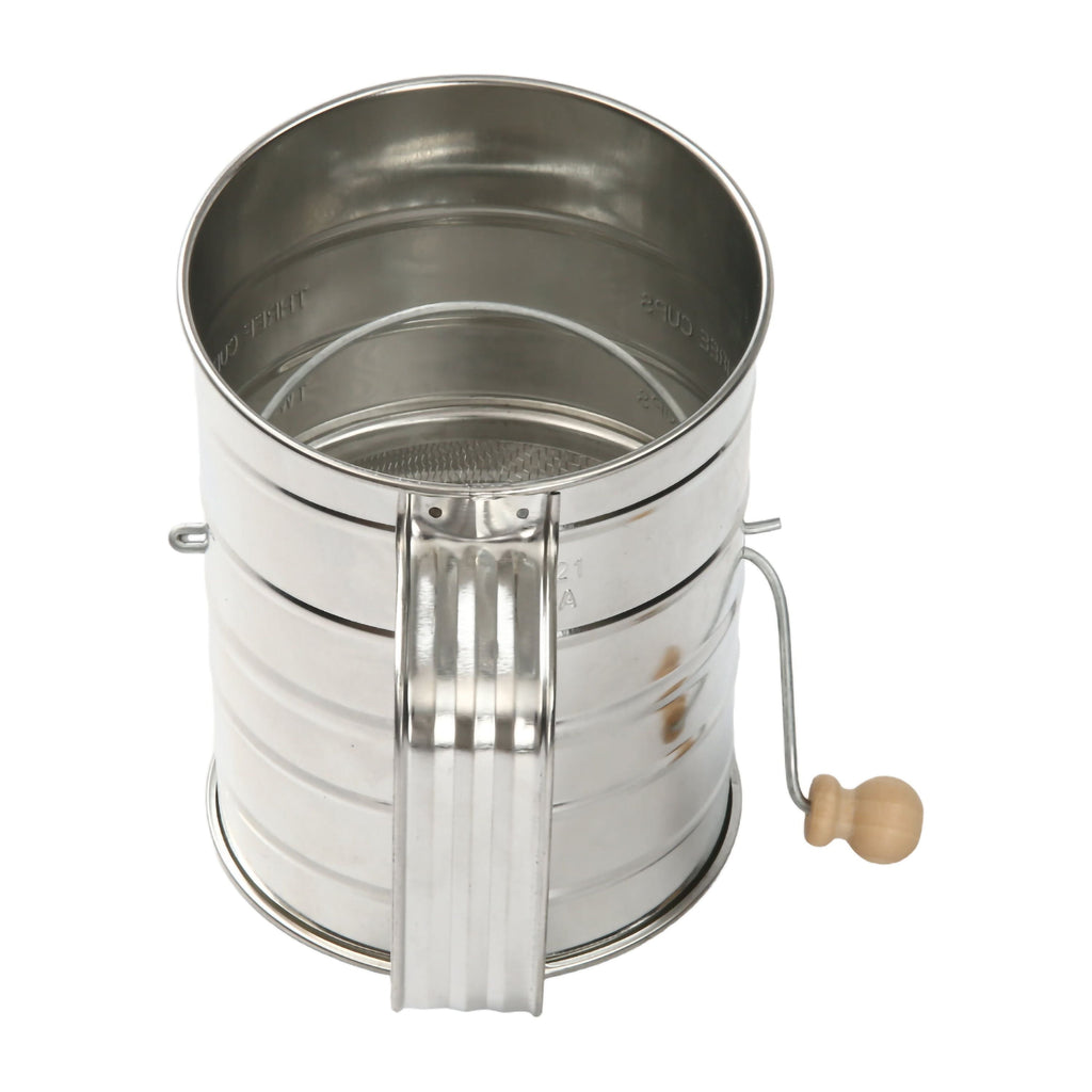 Multi-Functional Stainless Steel 3 Cup Flour Hand-Crank Sifter with Beechwood Handle Silver - Innovative Kitchen Helper for Modern Cooking Detail