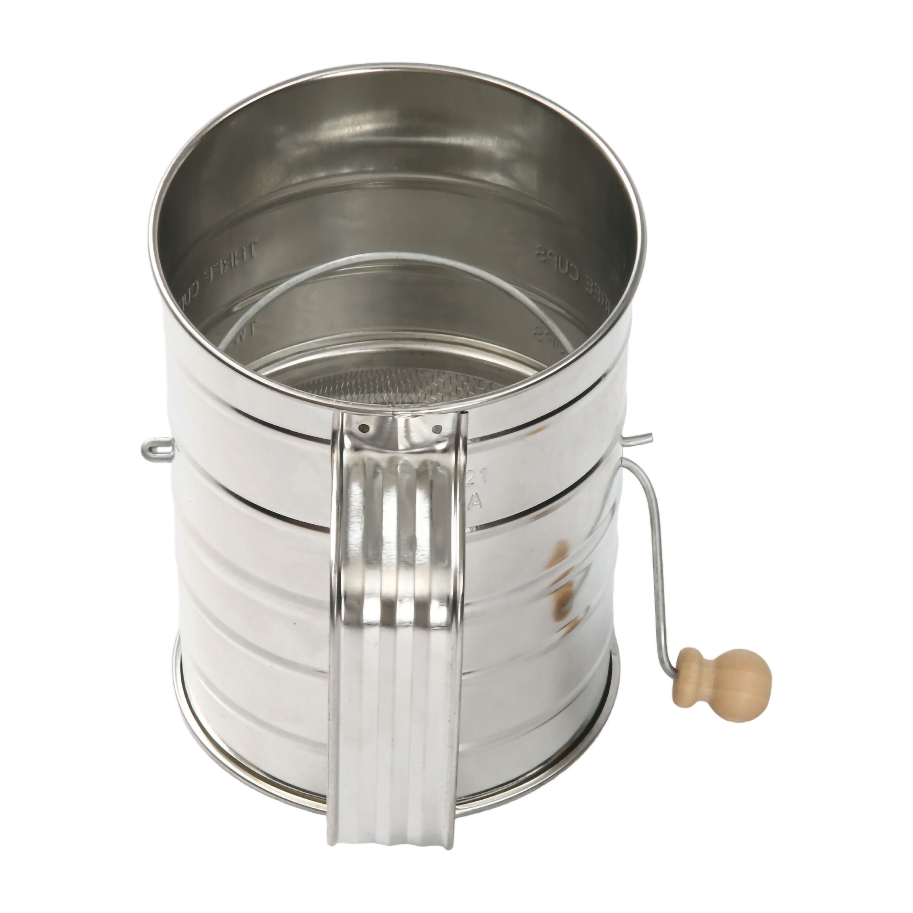 Multi-Functional Stainless Steel 3 Cup Flour Hand-Crank Sifter with Beechwood Handle Silver - Innovative Kitchen Helper for Modern Cooking Detail