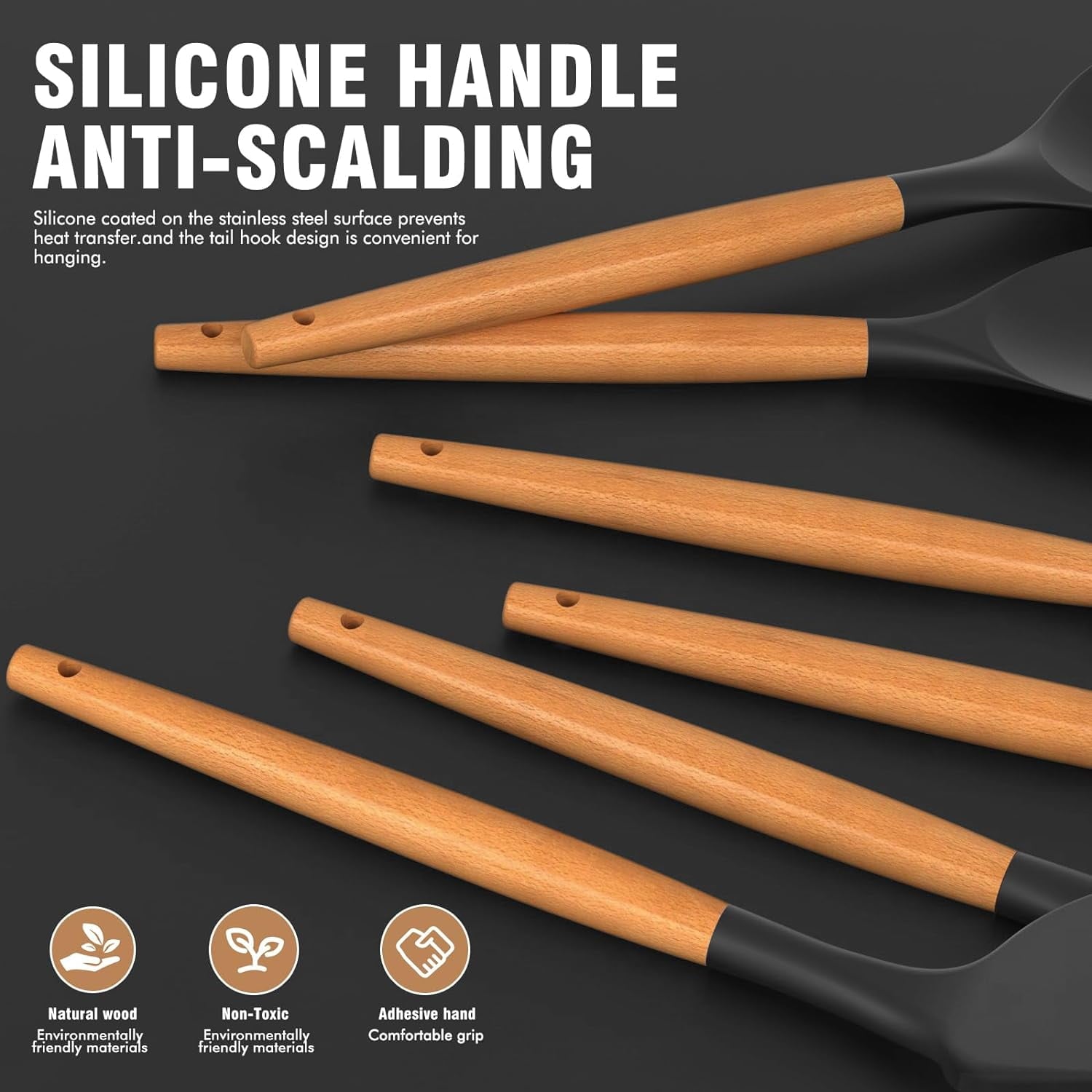 Premium Kitchen Silicone Cooking Utensils Set - Silicone Kitchen Utensils for Cooking Wooden Handles, 446°F Heat Resistant Kitchen Ut... - Premium Stainless Steel Garlic Presser & Peeler Detail