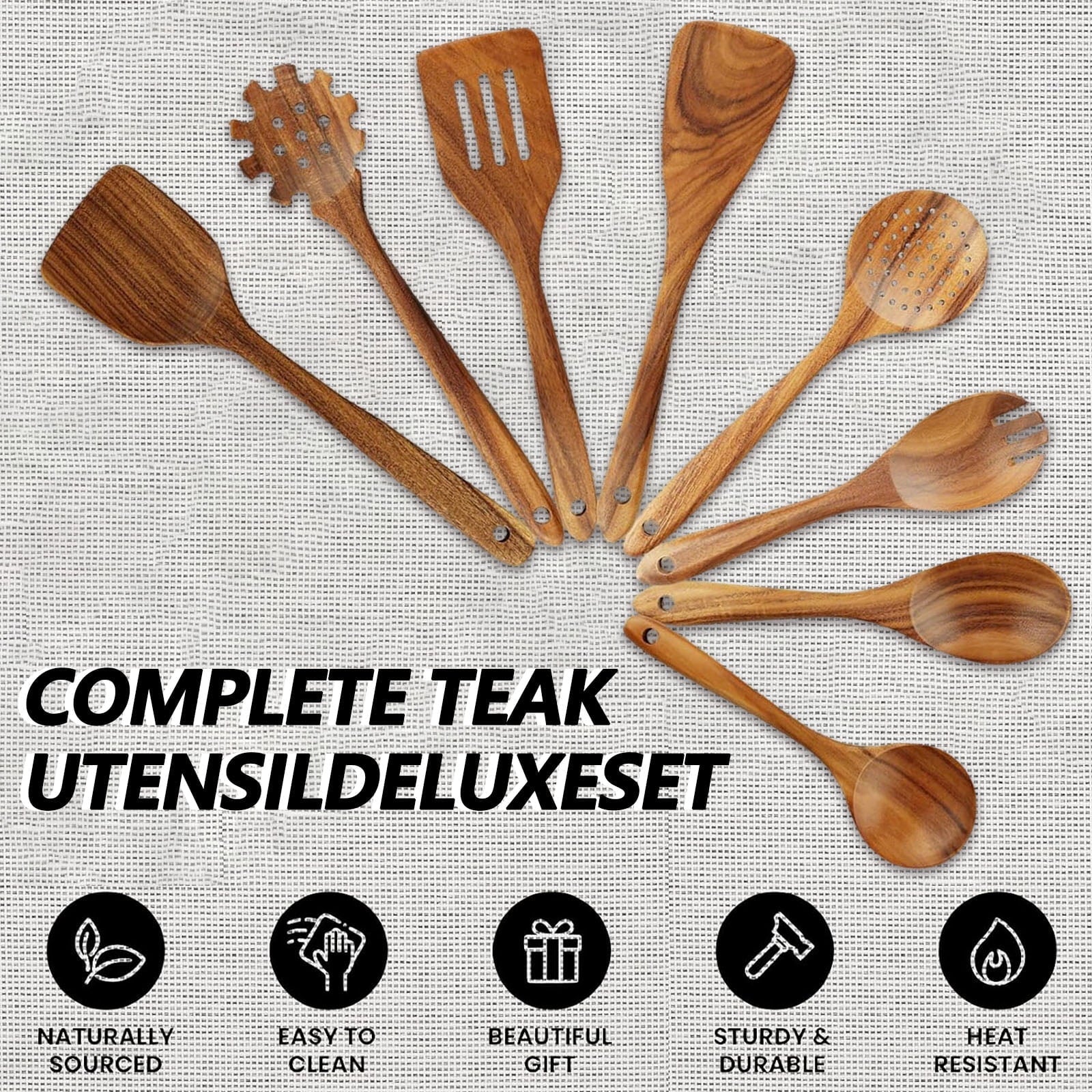 Heat-Resistant 10Pcs Wooden Spoons for Cooking, Smooth Finish Teak Wooden Utensils for Cooking, Soft Comfort-Grip Wood Spoons for Co... - Ergonomic Kitchen Tongs and Cooking Spoon Utensil Detail