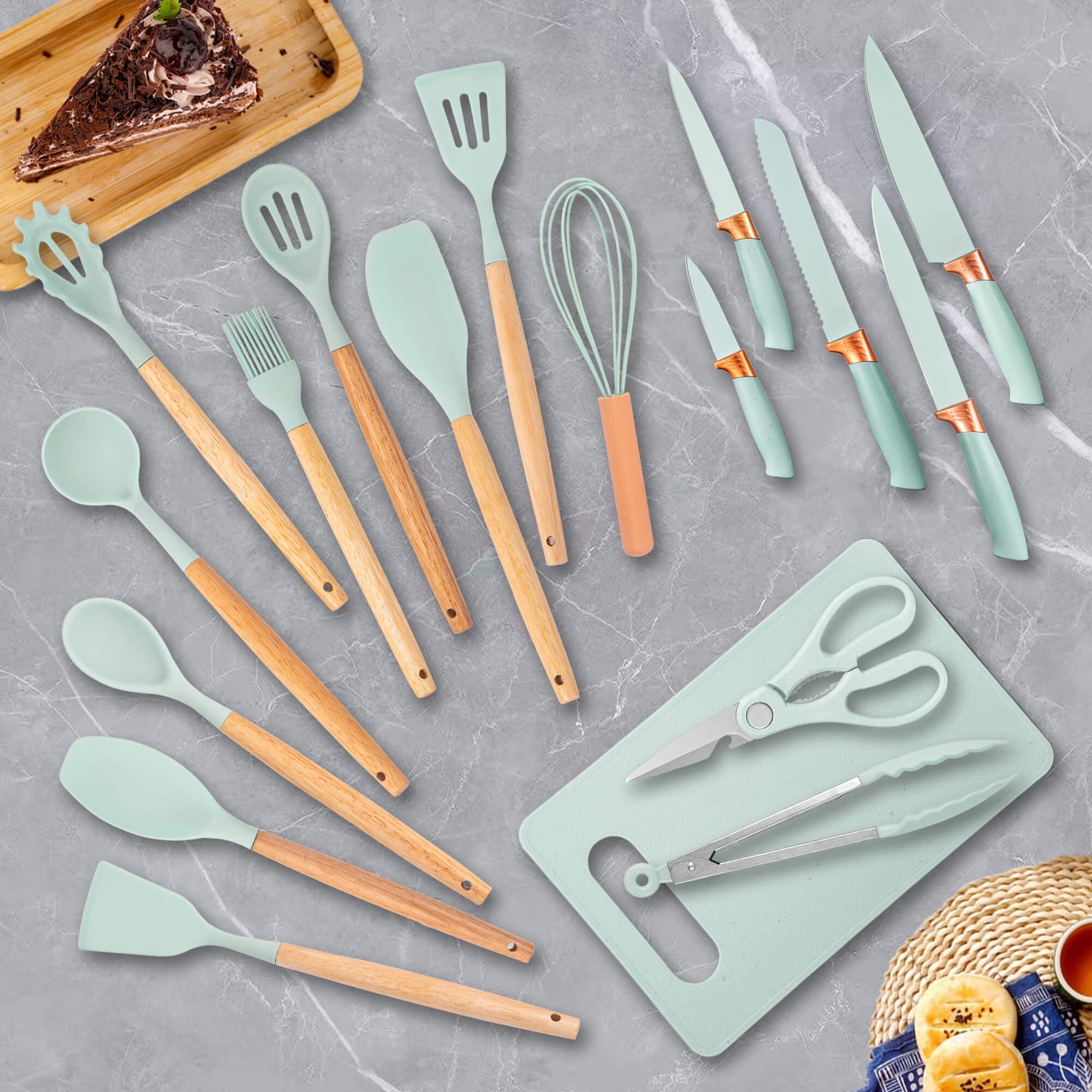Chef-Quality 19pcs Silicone Kitchen Utensil Set, Heat-Resistant Non-Stick Easy Cooking Cleaning Home Light-Green - High-Precision Culinary Tool for Baking & Cooking Detail