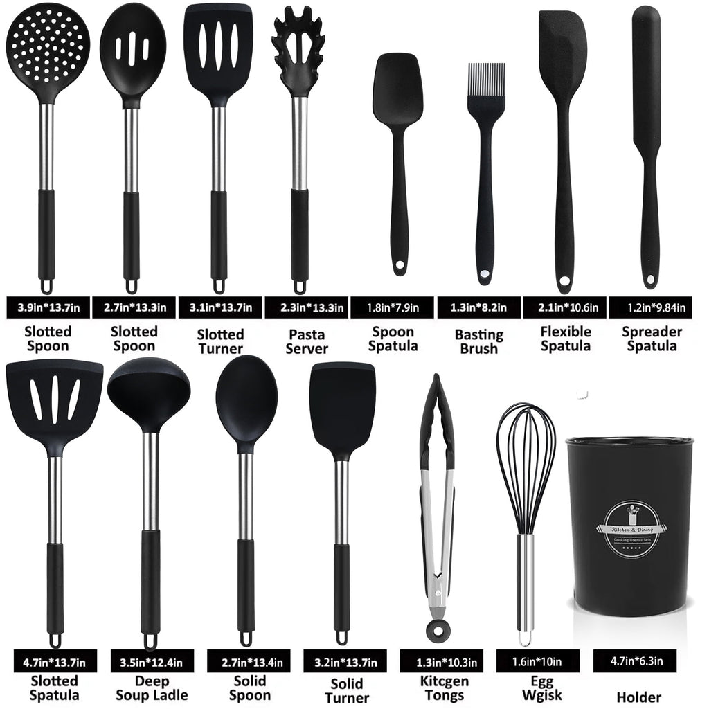 Seamless One-Piece Silicone Cooking Utensils Set, 26 Pcs, Heat Resistant Kitchen Utensils Set, Black - Durable Turner & Ladle Utensil Set for Home Chefs Detail
