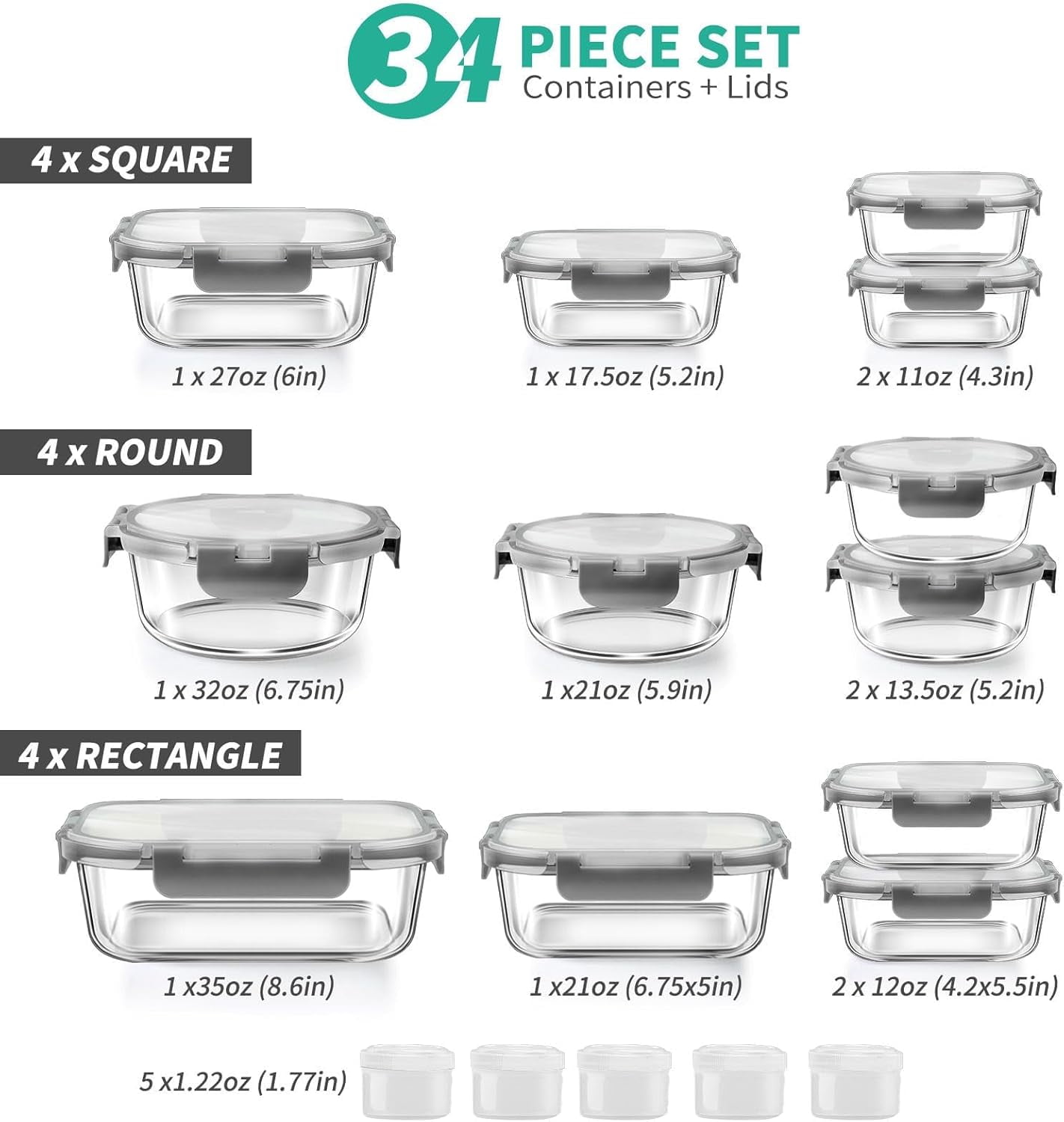Deliciously Squishy 34pcs Glass Food Storage Containers with Lids Set, Airtight Meal Prep Containers (17 Containers & 17 Lids), Grey - Fun Food Fidget Cookie Squishable Toy Detail