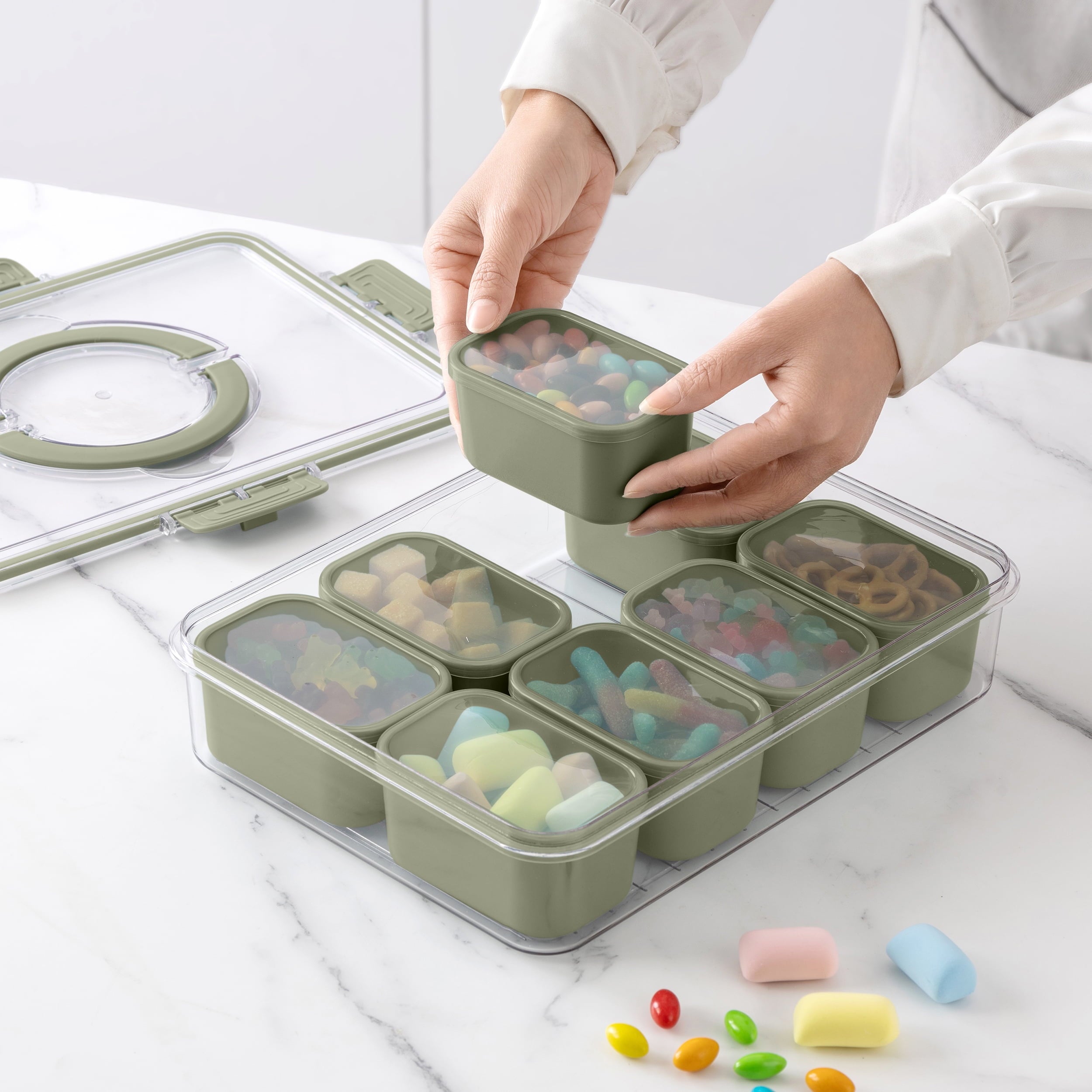 Whimsical Doughnut 8-Compartment Snackle Box, Charcuterie and Snack Container, Divided Serving Tray with Lids and Handle, Dishwasher Saf... - Deliciously Soft Cupcake Sensory Glob Detail