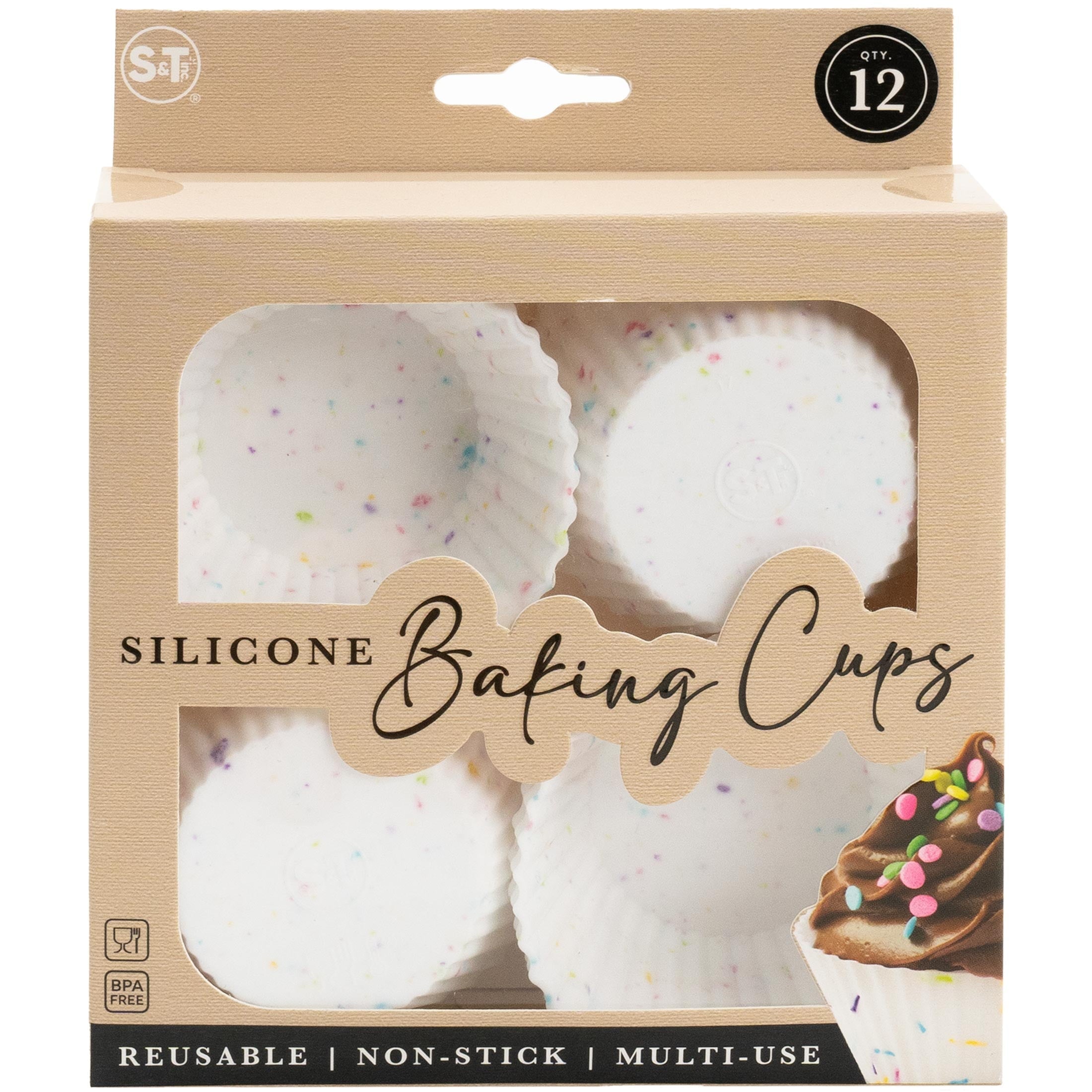 Innovative Reusable Non-Stick Silicone Baking Cups (12 Pack) - Standard Size - Confetti - Premium Stainless Steel Garlic Presser & Peeler Detail