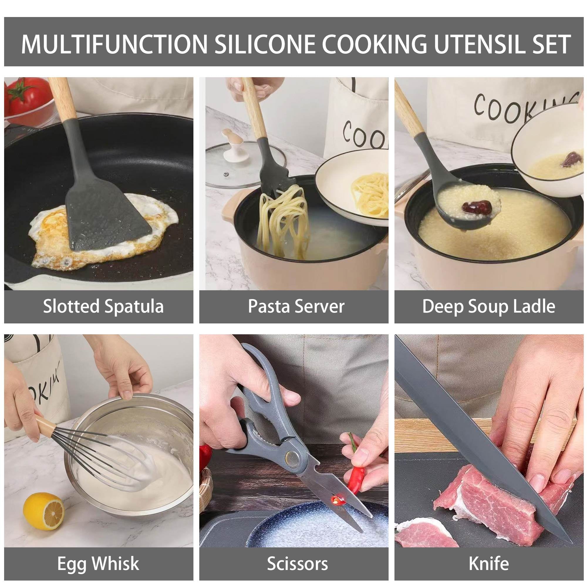 Heat-Resistant 19-Piece Silicone Kitchen Utensil & Knife Set - Heat-Resistant Cooking Tools Non-Stick Safe Gift for Mom or Wo... - Ergonomic Kitchen Tongs and Cooking Spoon Utensil Detail