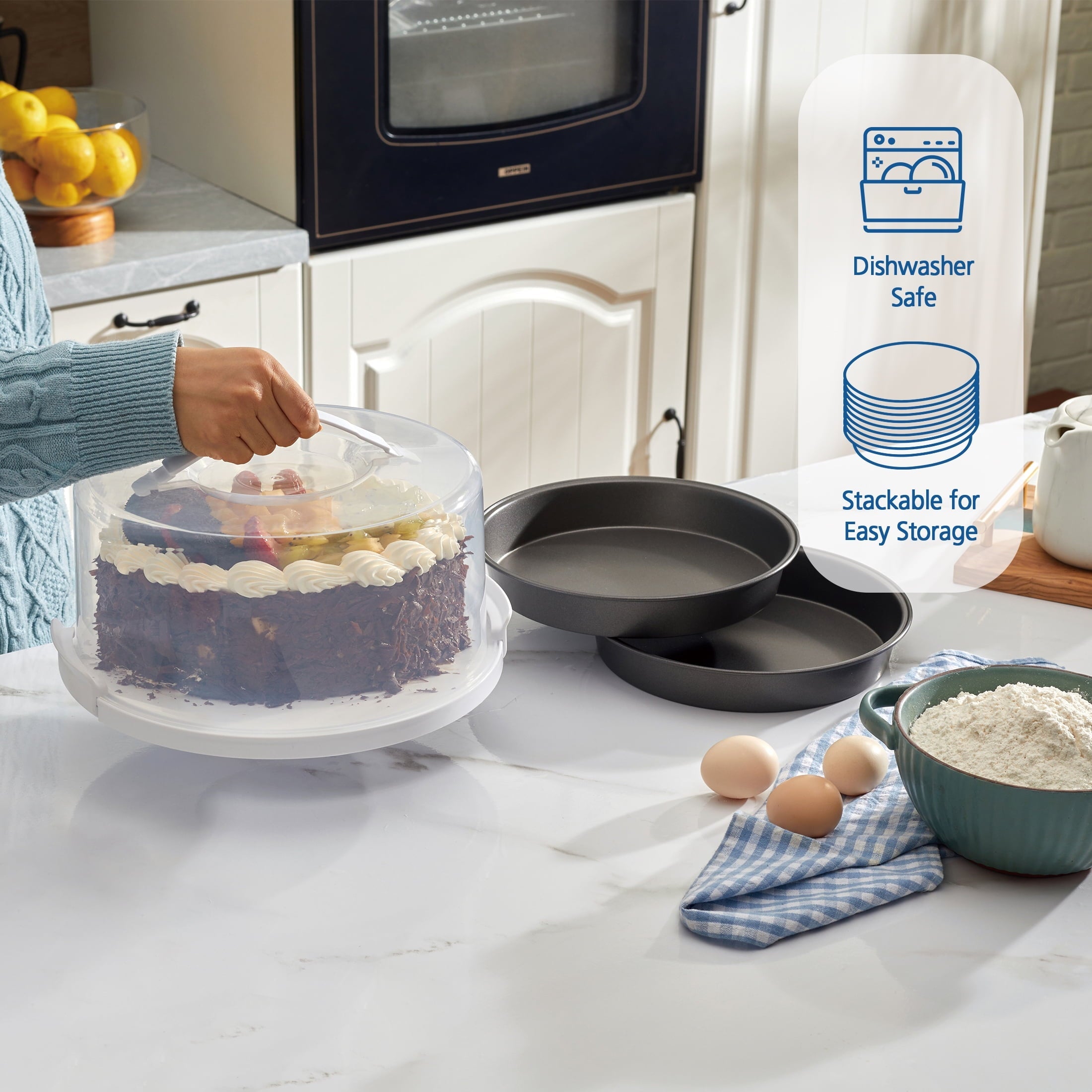 Innovative 12 inch Clear Cake Carrier with 2pk 9 inch Gray Round Pans, Carbon Steel - Innovative Kitchen Helper for Modern Cooking Detail