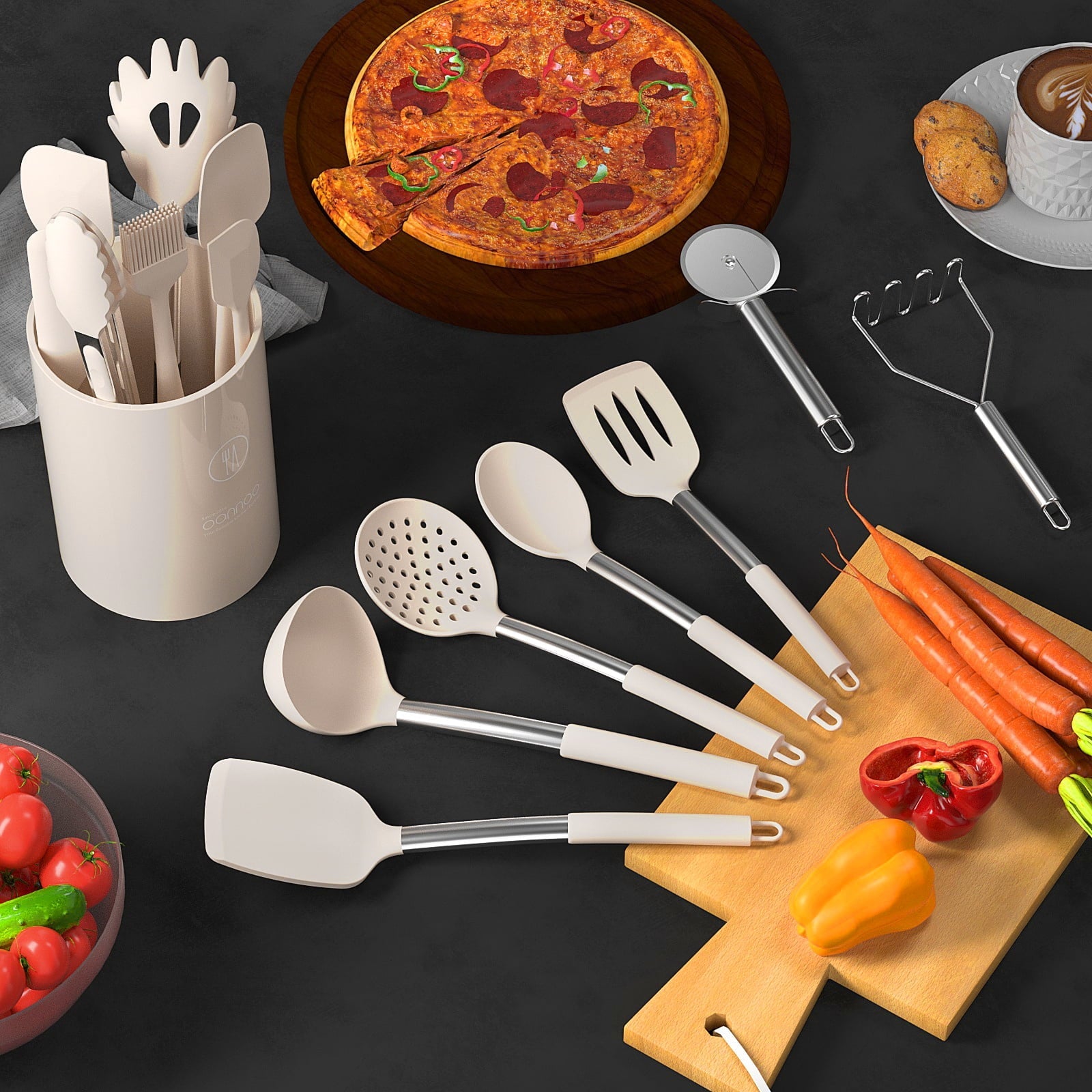 Non-Stick Safe Silicone Cooking Utensils Set - Heat Resistant Silicone Kitchen Utensils for Cooking, Kitchen Utensil Spatula Set,BPA... - Ergonomic Kitchen Tongs and Cooking Spoon Utensil Detail