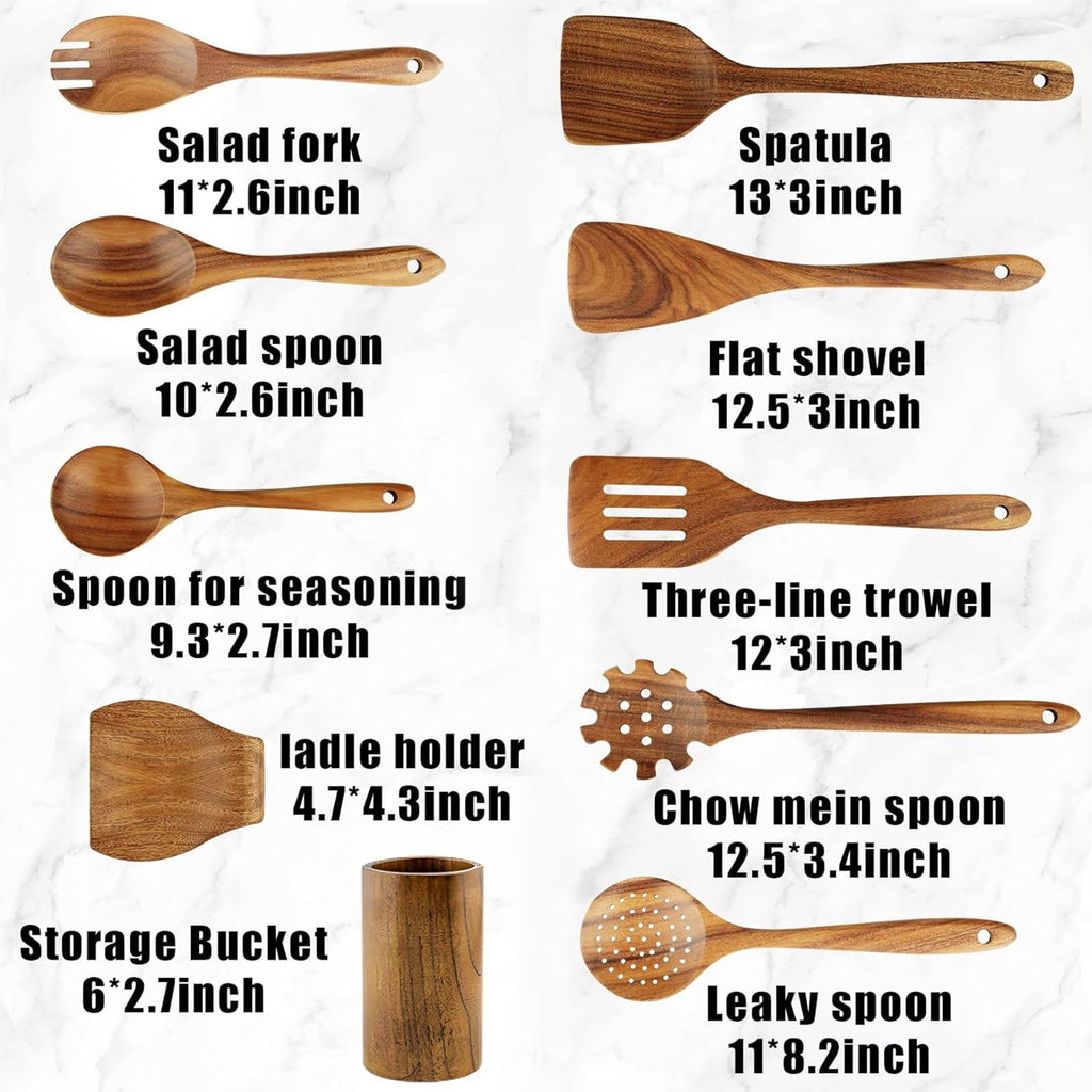 Heat-Resistant 10Pcs Wooden Spoons for Cooking, Smooth Finish Teak Wooden Utensils for Cooking, Soft Comfort-Grip Wood Spoons for Co... - Ergonomic Kitchen Tongs and Cooking Spoon Utensil Detail