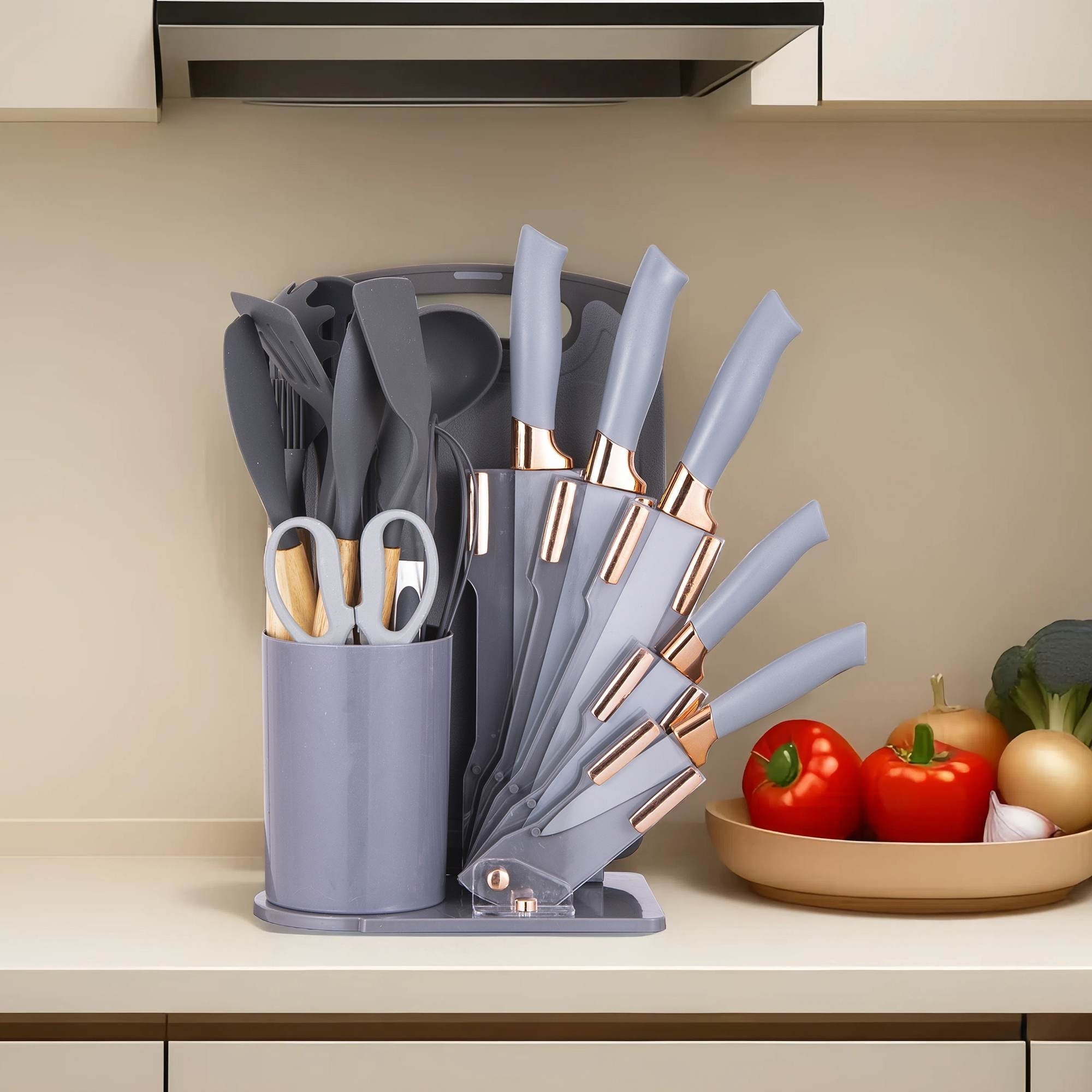 Heat-Resistant 19-Piece Silicone Kitchen Utensil & Knife Set - Heat-Resistant Cooking Tools Non-Stick Safe Gift for Mom or Wo... - Ergonomic Kitchen Tongs and Cooking Spoon Utensil Detail
