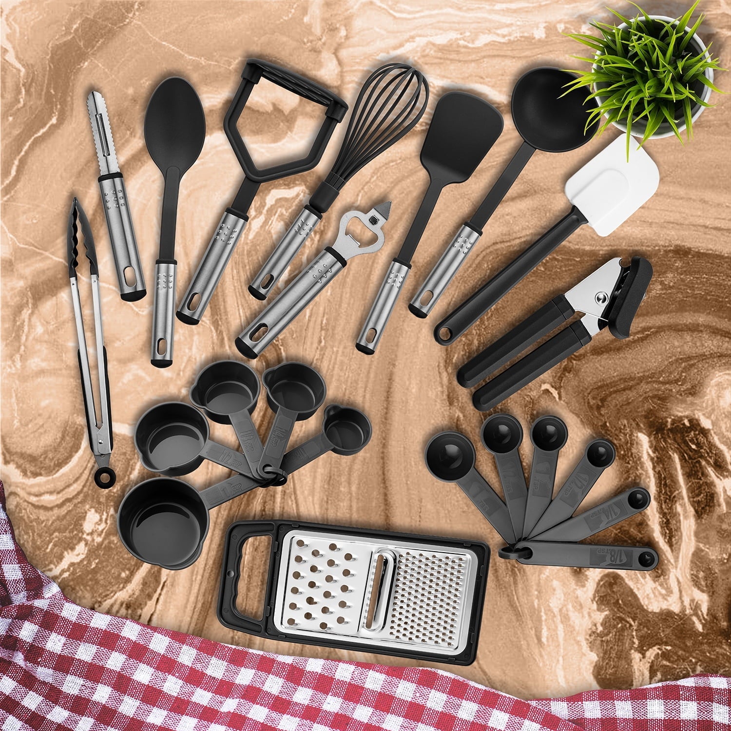 Premium Silicone 23 Piece Kitchen Utensils Set - Nylon and Stainless Steel Cooking Utensils Set - Black Utensil K... - Premium Stainless Steel Cooking Utensil for Non-Stick Pots Detail