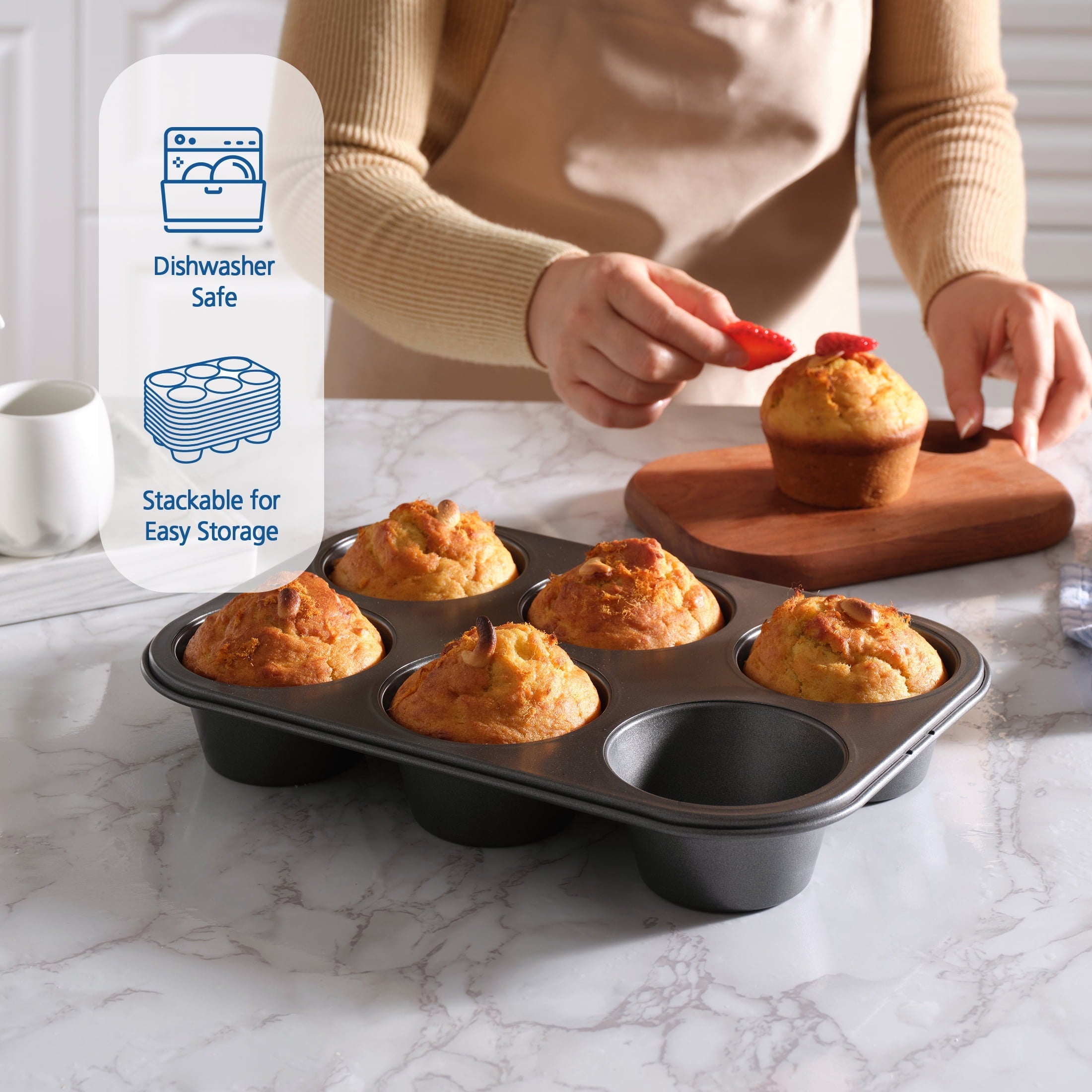Premium Kitchen 6 Cup Jumbo Muffin Pan, Non-Stick Bakeware,3.4 inch Diameter Cups,Gray,Carbon Steel - Multi-Functional Manual Food Chopper & Slicer Detail