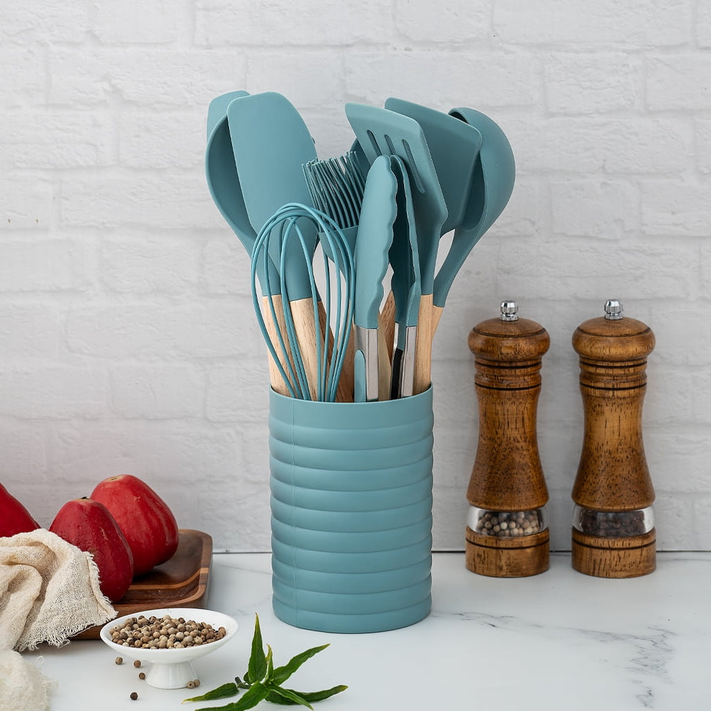 Seamless One-Piece Small Silicone Cooking Utensils with Holder Set (12Pack), Aqua Kitchen Tools with Wooden Handle for Nonstick... - Durable Turner & Ladle Utensil Set for Home Chefs Detail