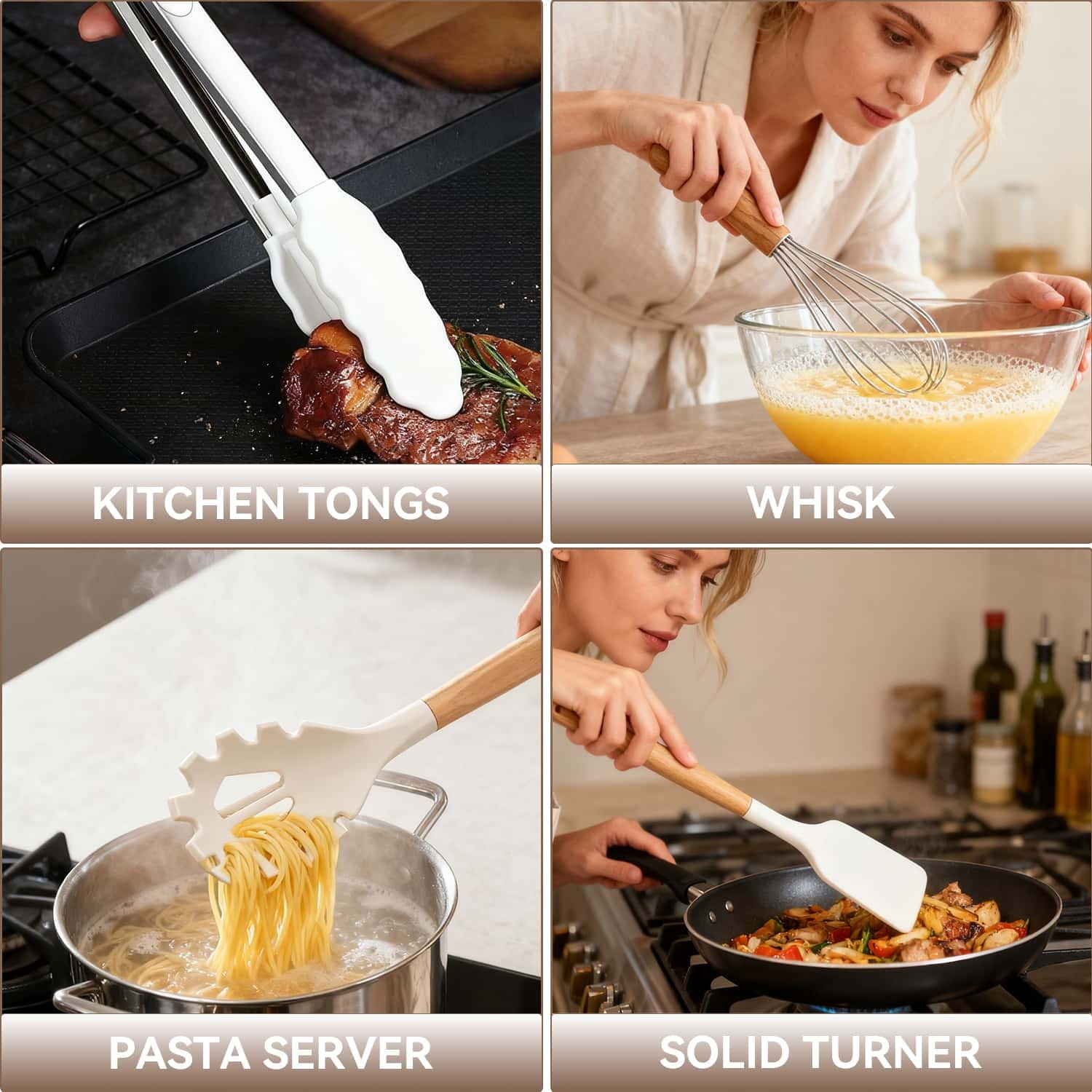 Premium Silicone Kitchen Utensils Set for Cooking, 11 Cooking Utensils, 6 Knife set Beige,3 Utensil Sets,utensilios de cocina - Ergonomic Kitchen Tongs and Cooking Spoon Utensil Detail