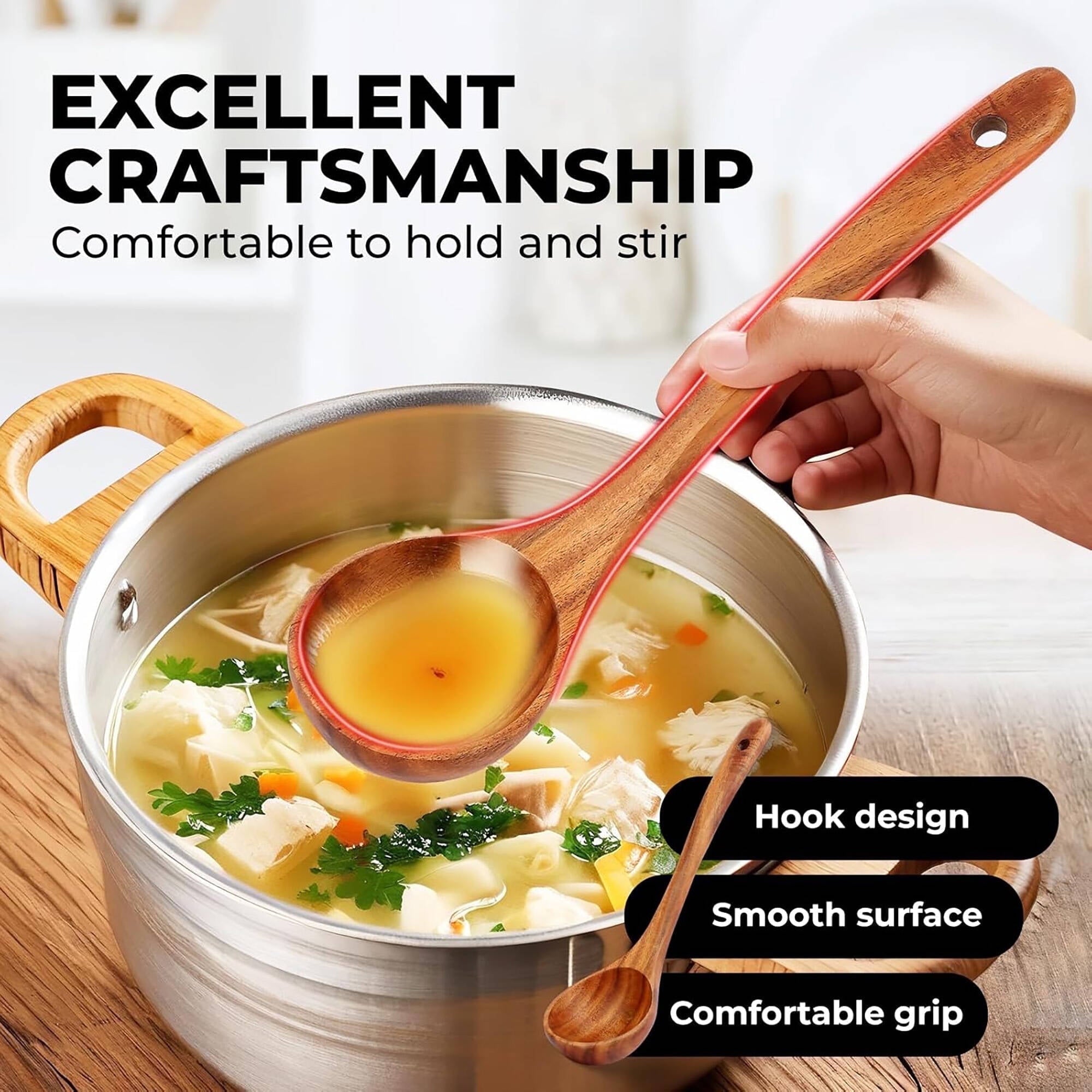 Seamless One-Piece 6-Piece Natural Teak Wooden Spoons for Cooking With 10 Hooks，Handcrafted Kitchen Utensils Set ，Ideal Gift Set - Durable Turner & Ladle Utensil Set for Home Chefs Detail