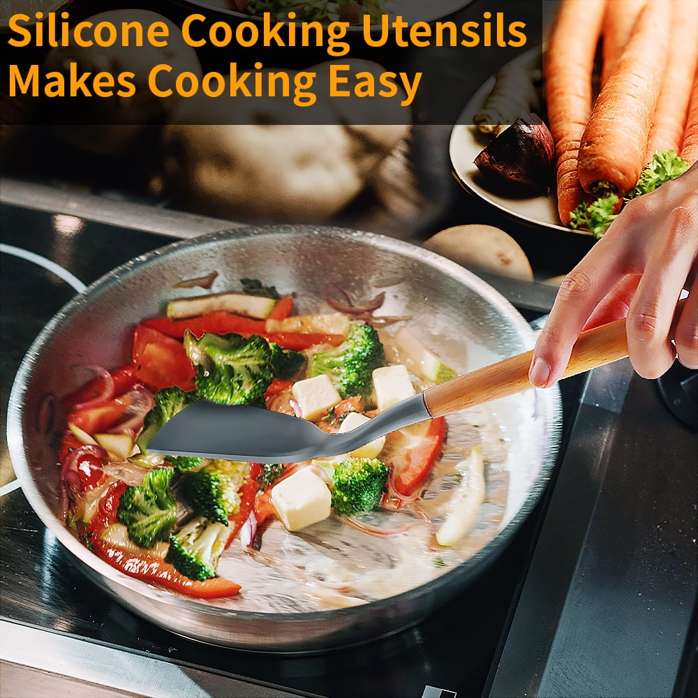 Chef-Quality Silicone Wooden Heat Resistant Kitchen Utensil Set, 12 pcs - Multi-Purpose Hand Tool for Daily Meal Prep Detail