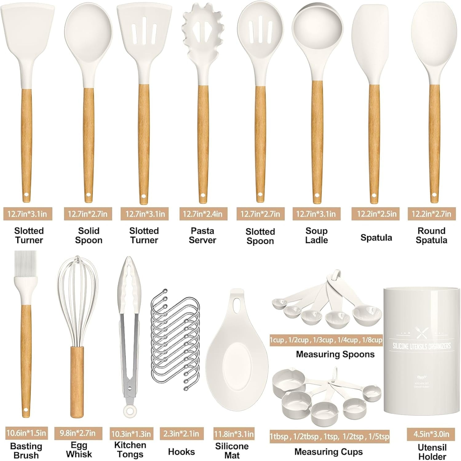 Ergonomic Cooking Kitchen Cooking Utensils Set, 33 pcs Non-stick Silicone Cooking Kitchen Utensils Spatula Set with Holder, Wooden Hand... - Premium Stainless Steel Cooking Utensil for Non-Stick Pots Detail