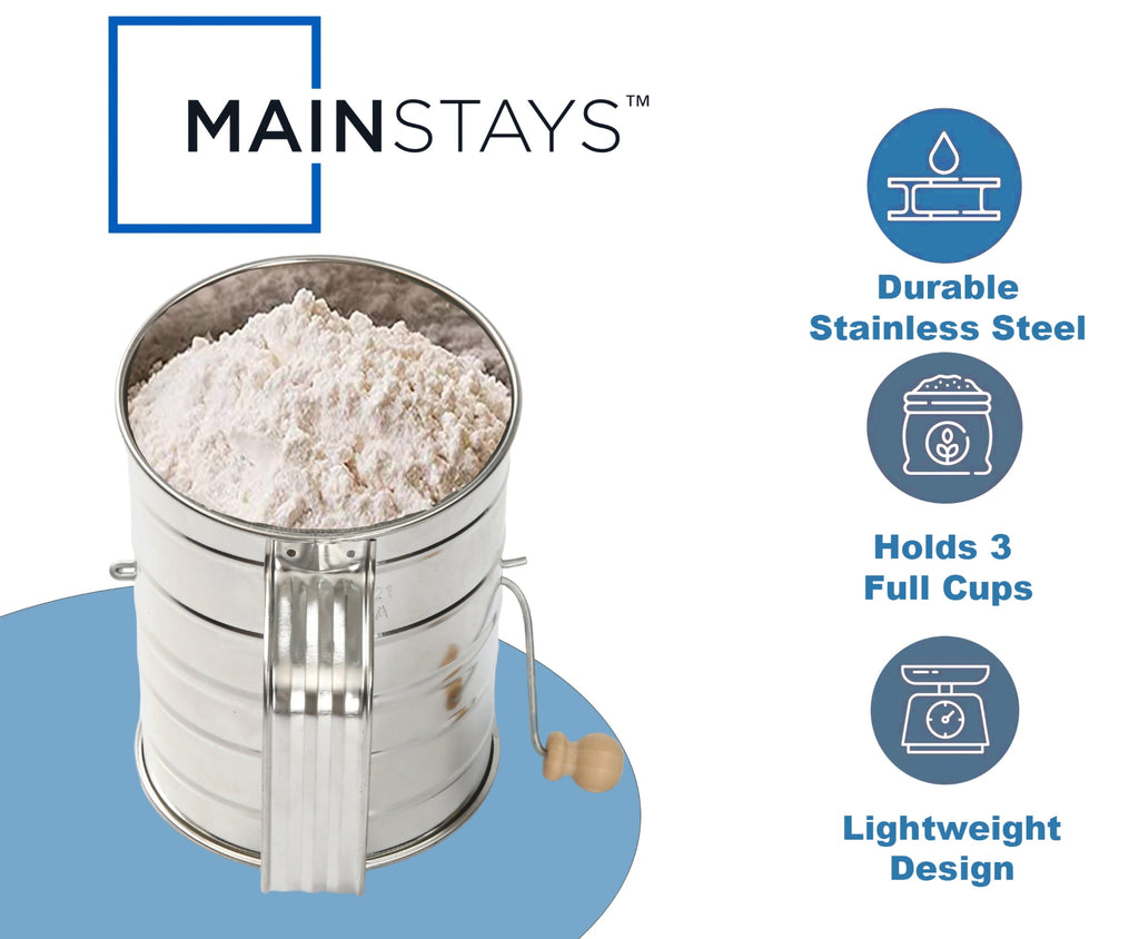 Multi-Functional Stainless Steel 3 Cup Flour Hand-Crank Sifter with Beechwood Handle Silver - Innovative Kitchen Helper for Modern Cooking Detail