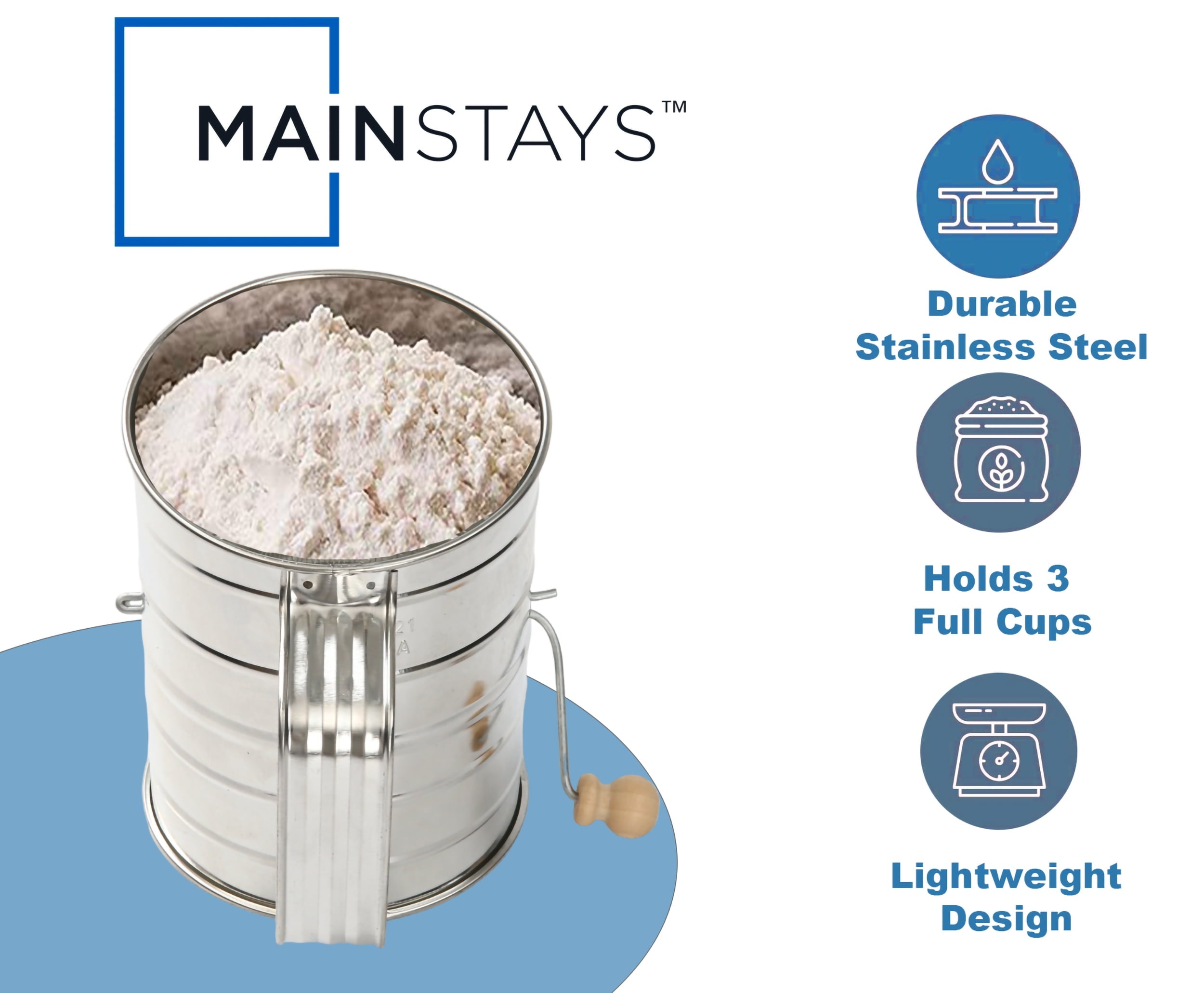 Multi-Functional Stainless Steel 3 Cup Flour Hand-Crank Sifter with Beechwood Handle Silver - Innovative Kitchen Helper for Modern Cooking Detail